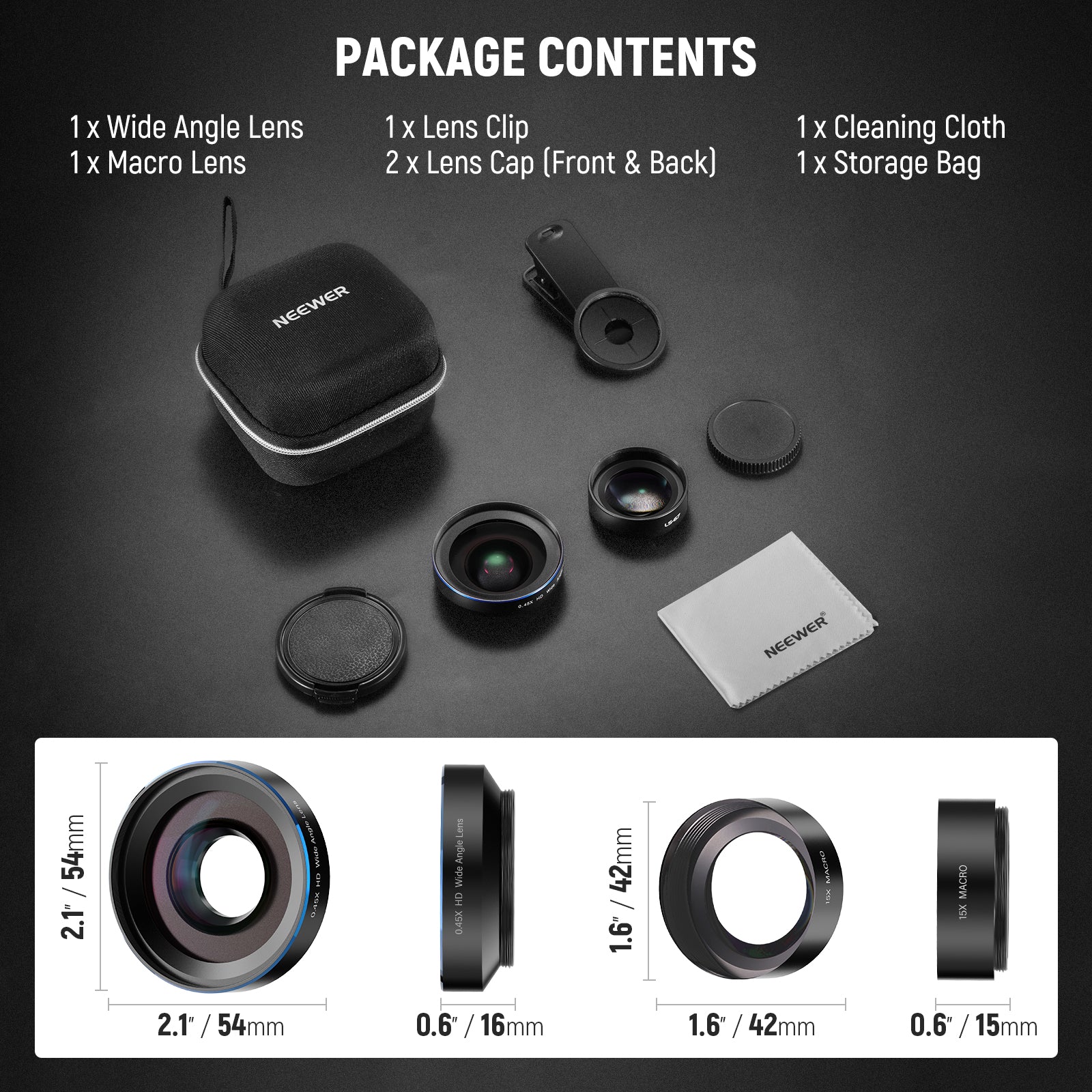 Package Contents of the NEEWER LS-67 2 In 1 Wide Angle + Macro Phone Lens Kit