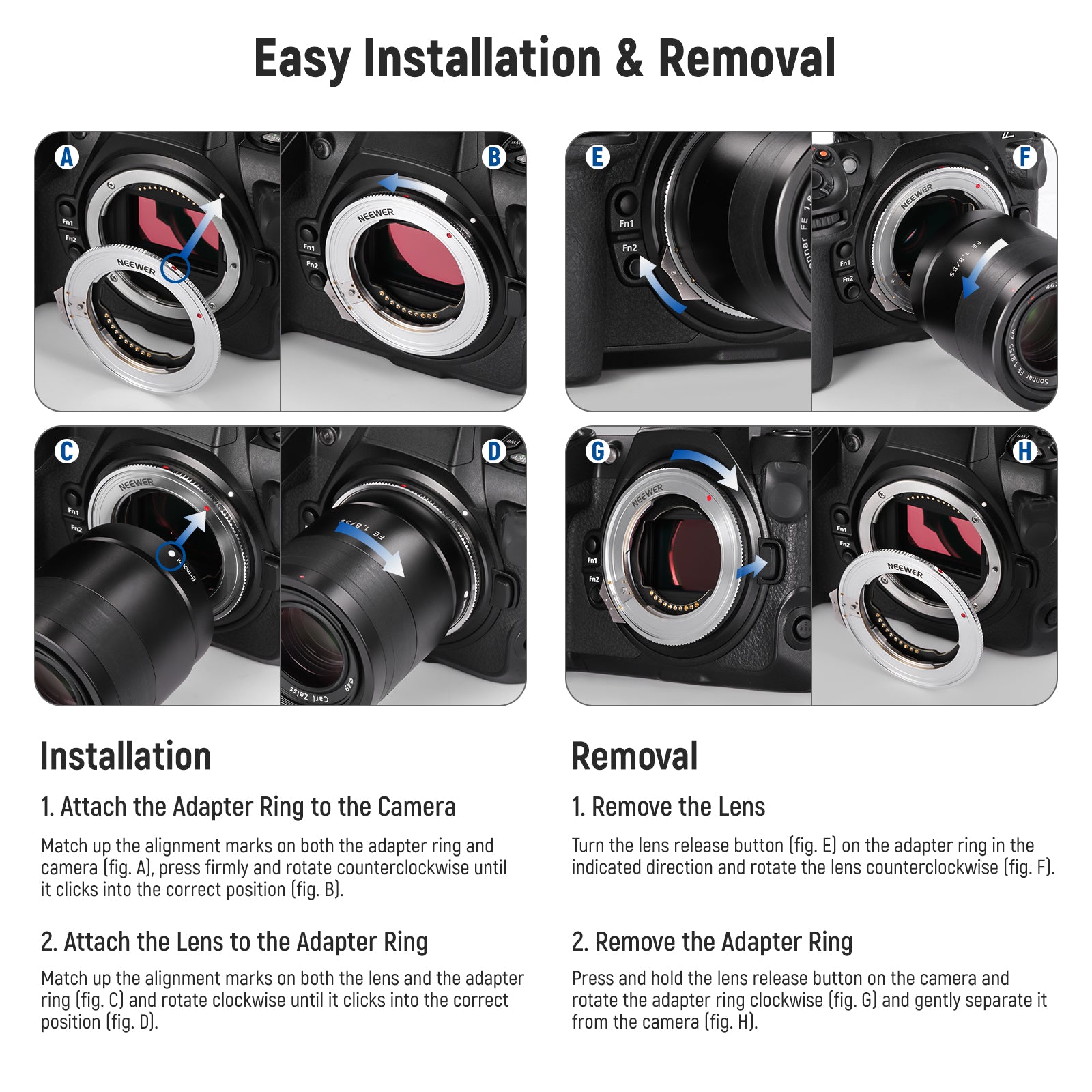 NEEWER NW-ETZ FE/E Mount Lens to Z Mount Lens Adapter is easy to install and remove.