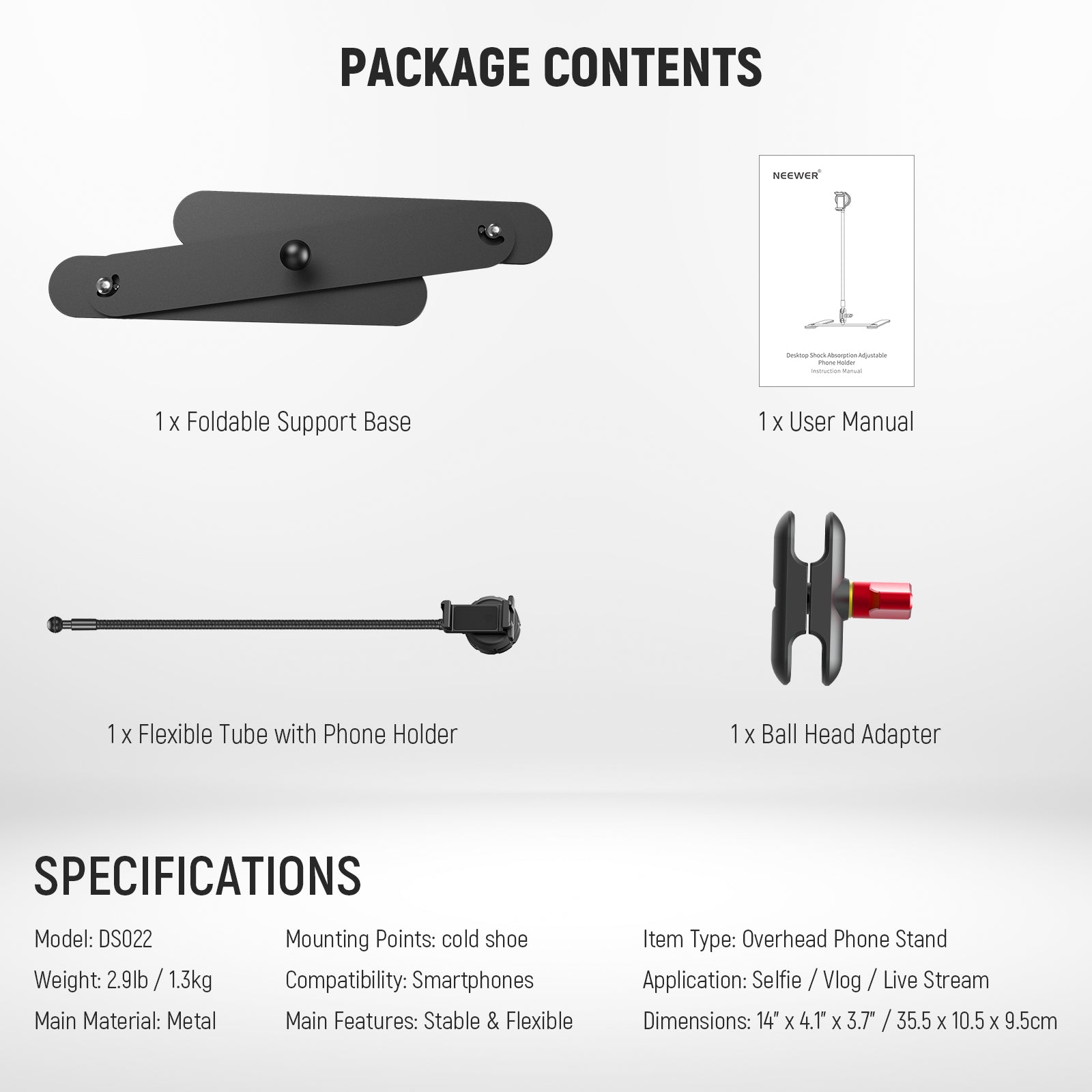 Package Contents of the NEEWER DS022 Overhead Phone Mount Stand Kit