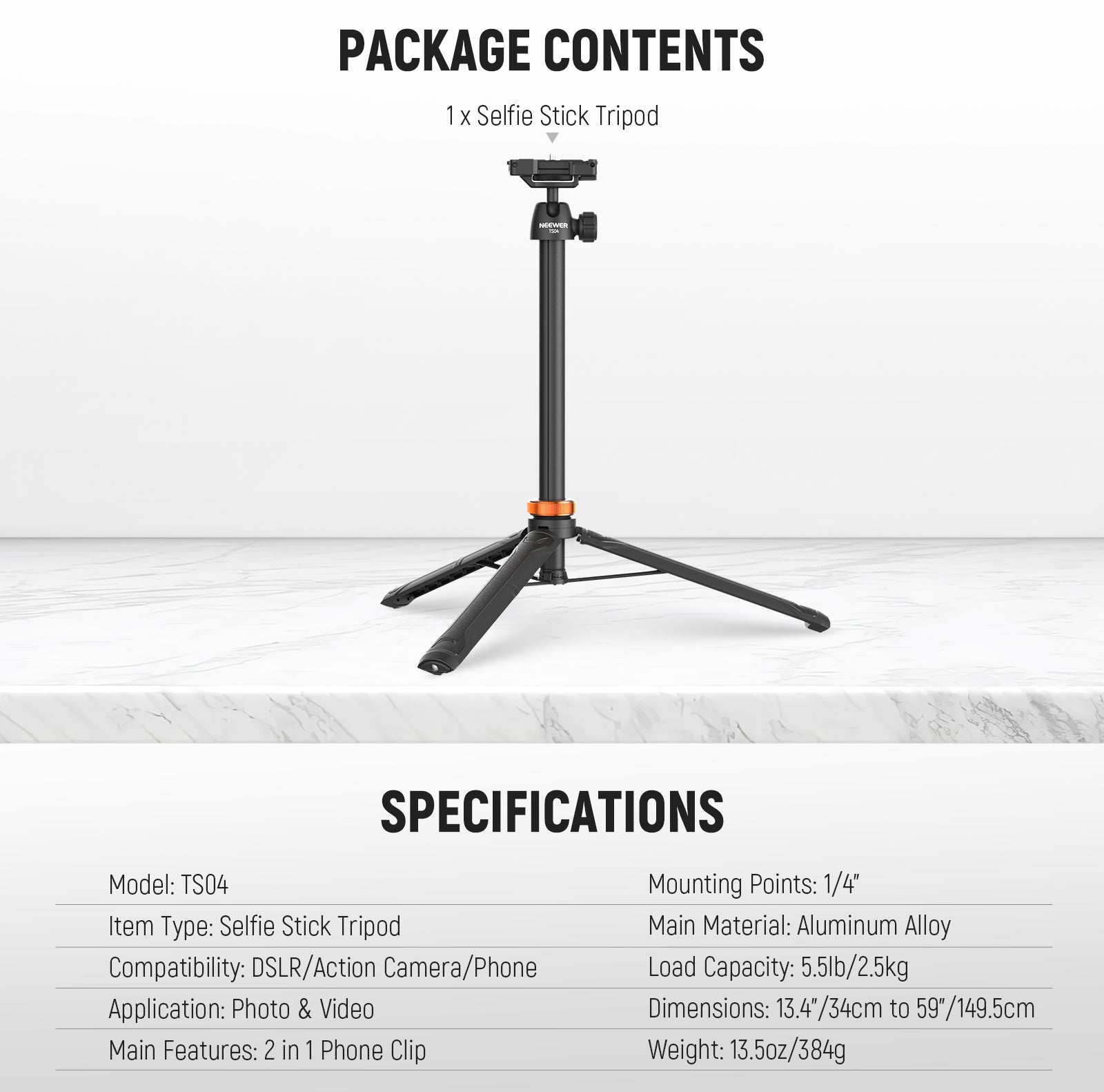 Package Contents of the NEEWER TS04 59" Versatile Selfie Stick