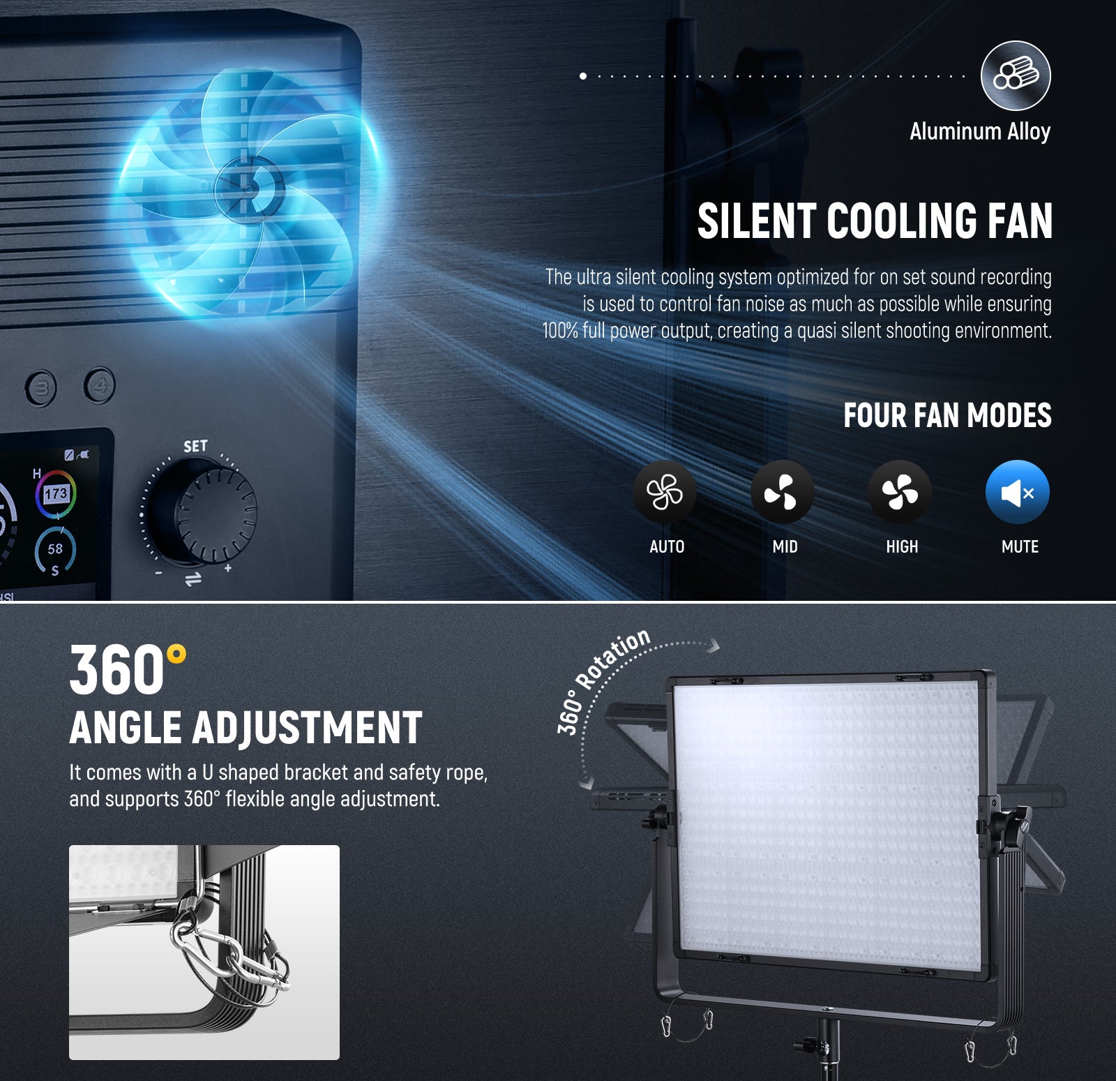 NEEWER AP150C 150W RGB Video Light features the silent cooling fan.