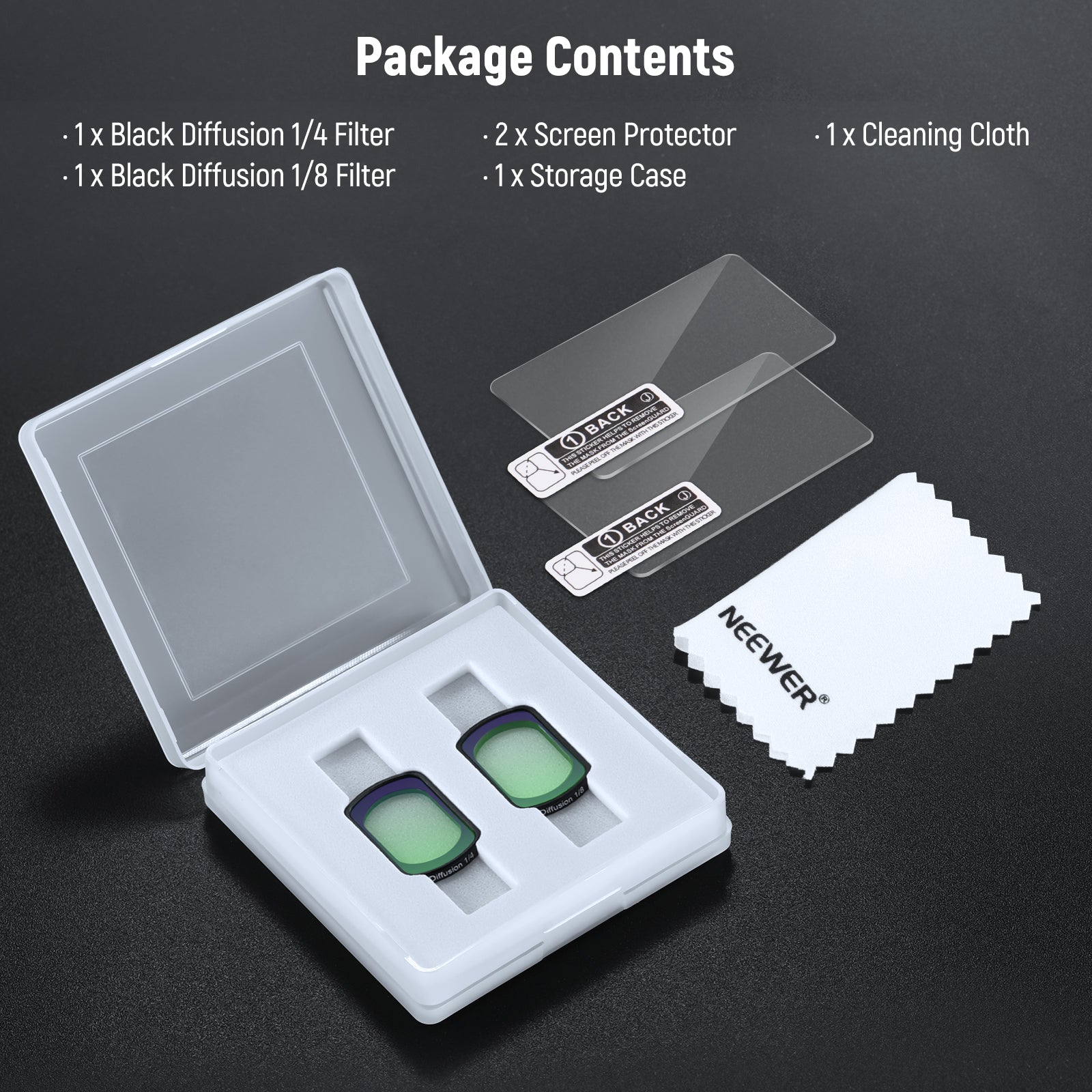 Package Contents of the NEEWER FL-B11 Black Diffusion Filter Set for DJI