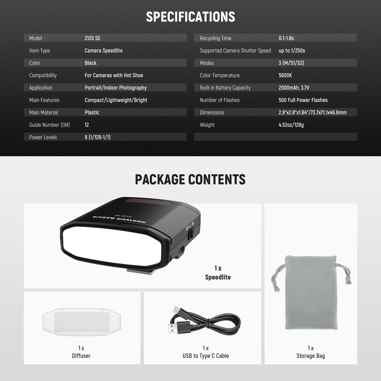 Specifications of the NEEWER Z120 SE Mini Camera Flash