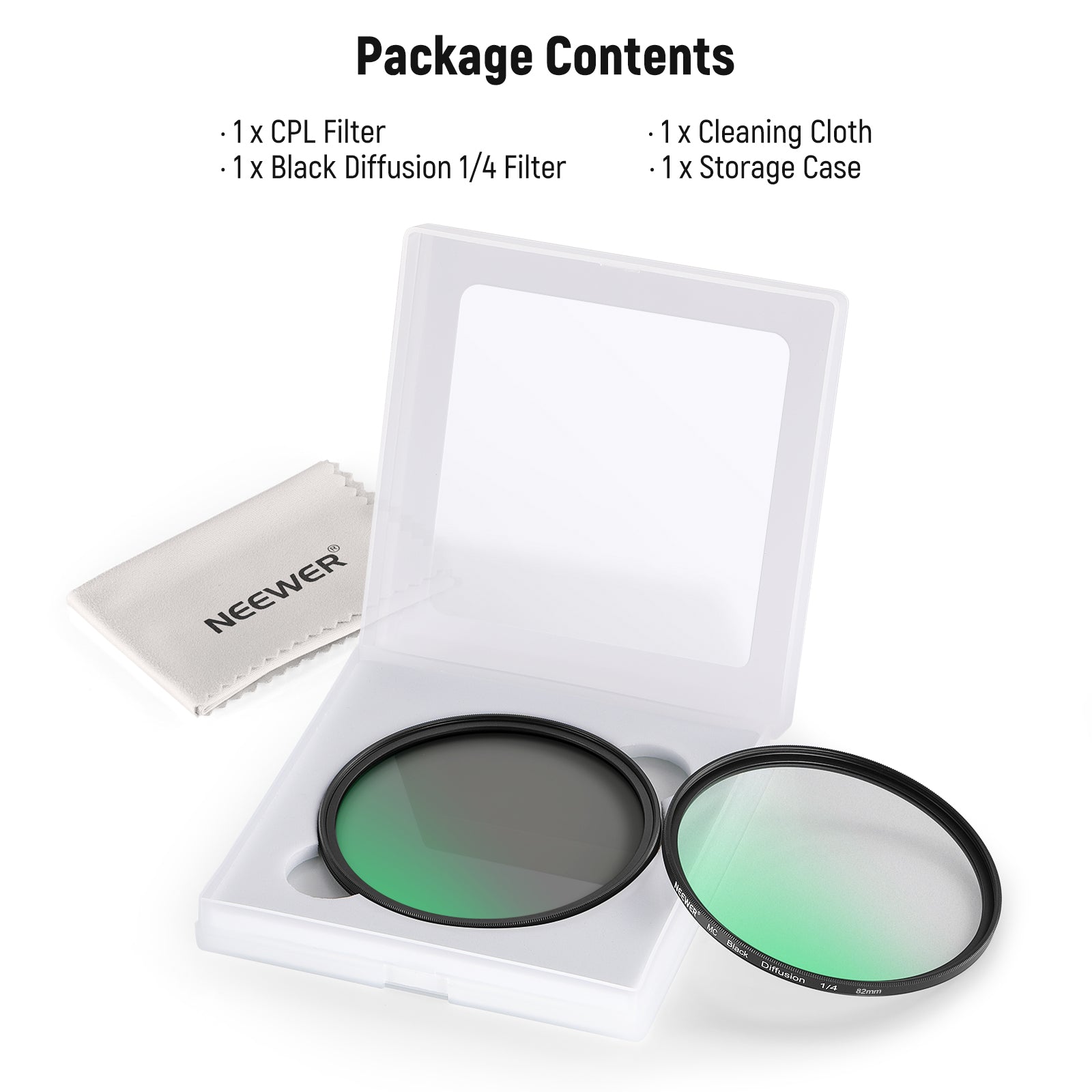 Package Contents of the NEEWER 2 Pack Black Mist Diffusion 1/4 + CPL Filter Set