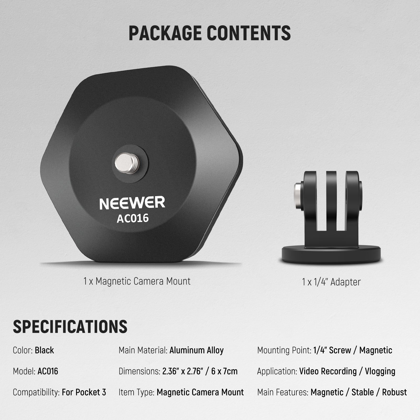 Package Contents of the NEEWER AC016 Magnetic Camera Mount For DJI Osmo Pocket 3