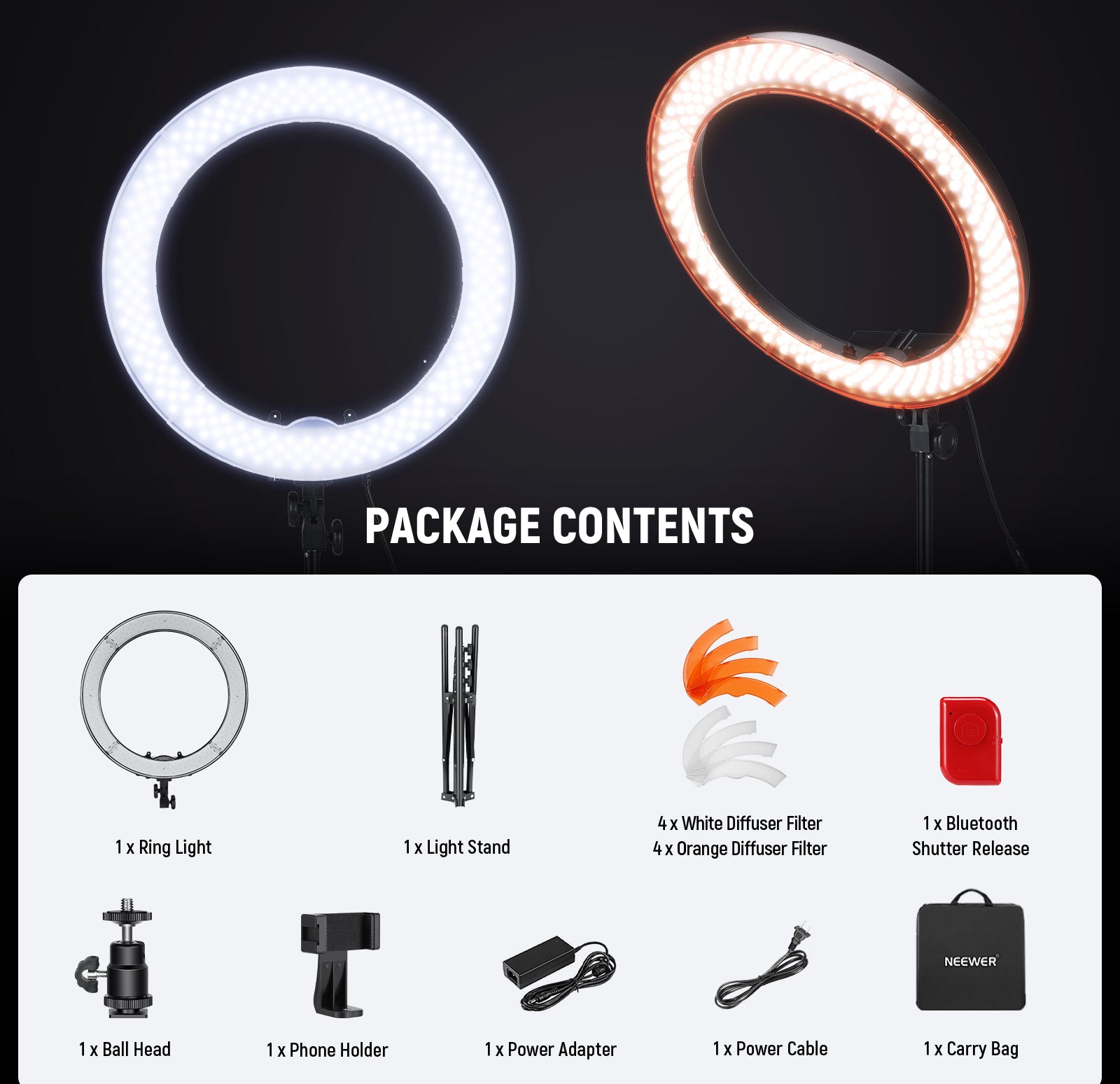 Package Contents of the NEEWER RL-18 18 Inch LED Ring Light Kit