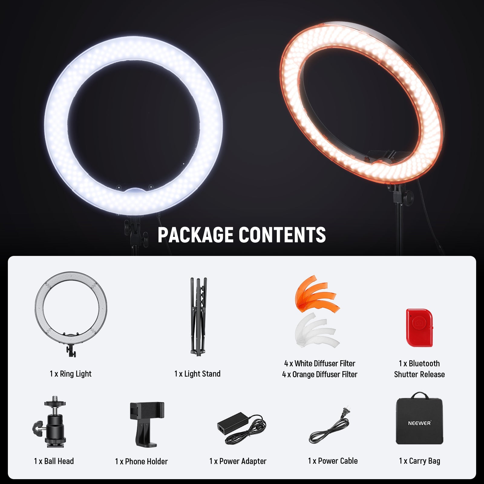 Package Contents of the NEEWER RL-18 18 Inch LED Ring Light Kit