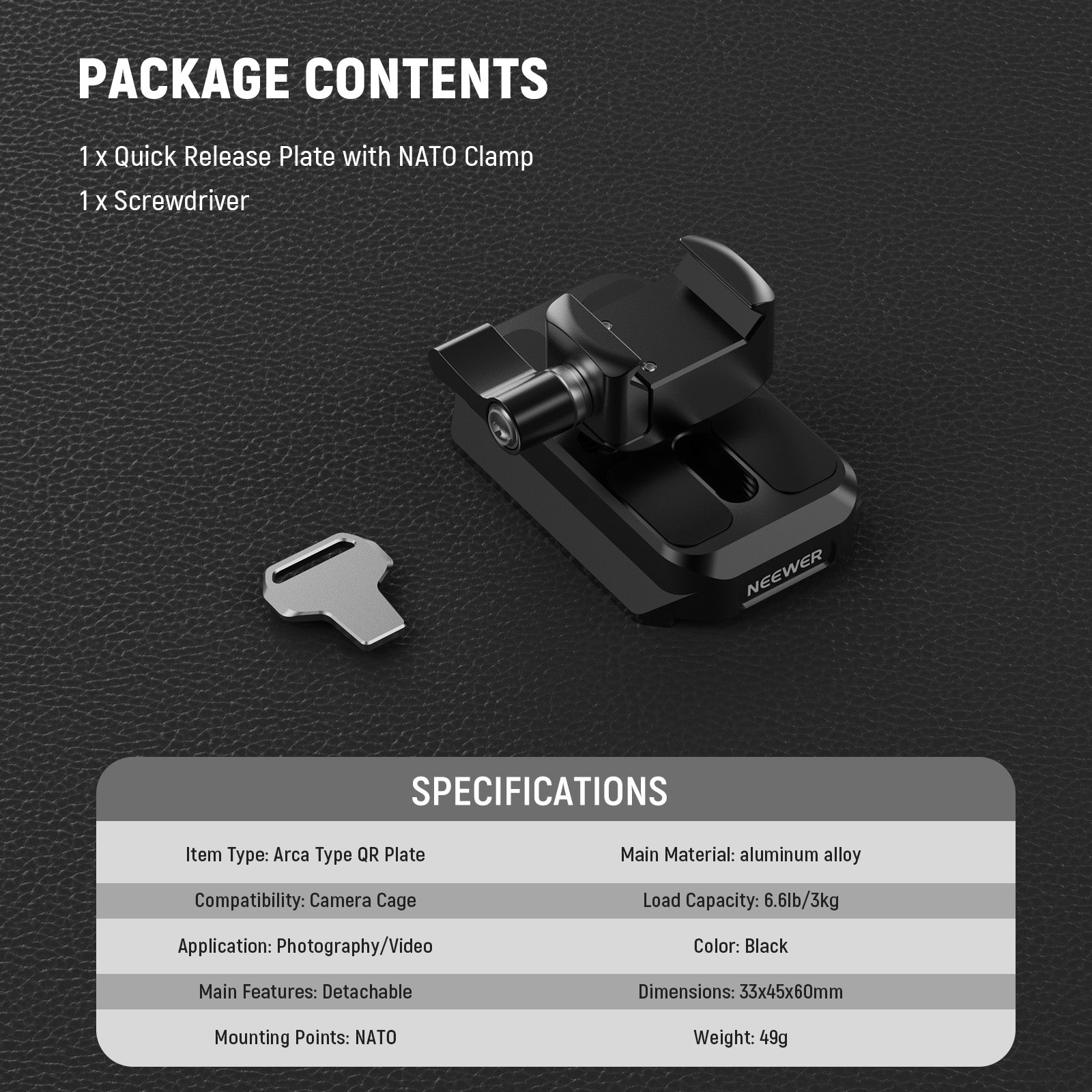 Package Contents of the NEEWER CA129 NATO Clamp to Arca Type Quick Release Plate Adapter