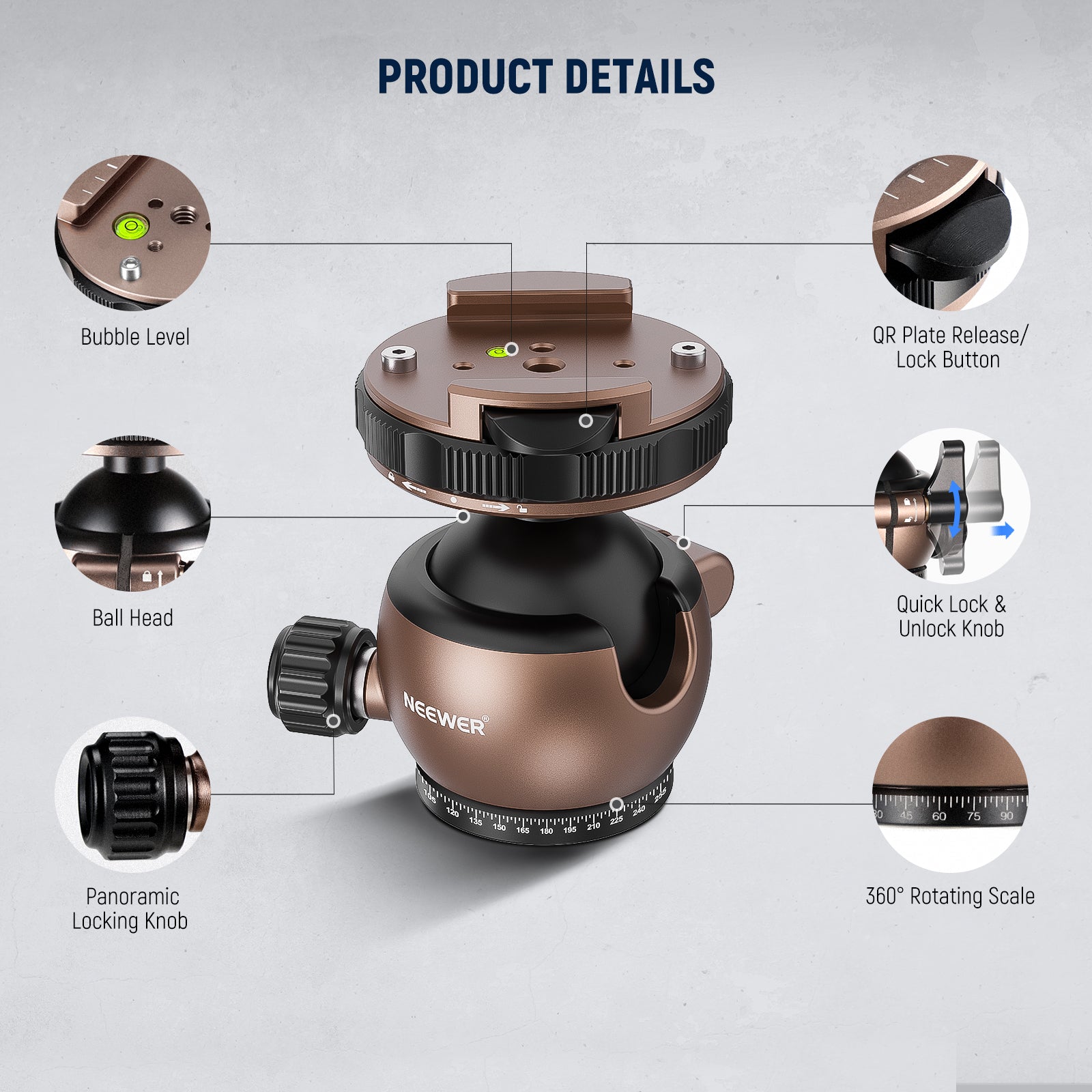 Product detail of the NEEWER GM32 Tripod Ball Head Mount Adapter