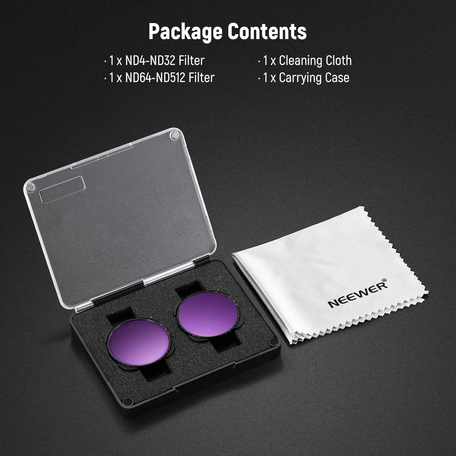Package Contents of the NEEWER Variable ND4-32 & ND64-512 Filter Set For GoPro 9 10 11 12 13