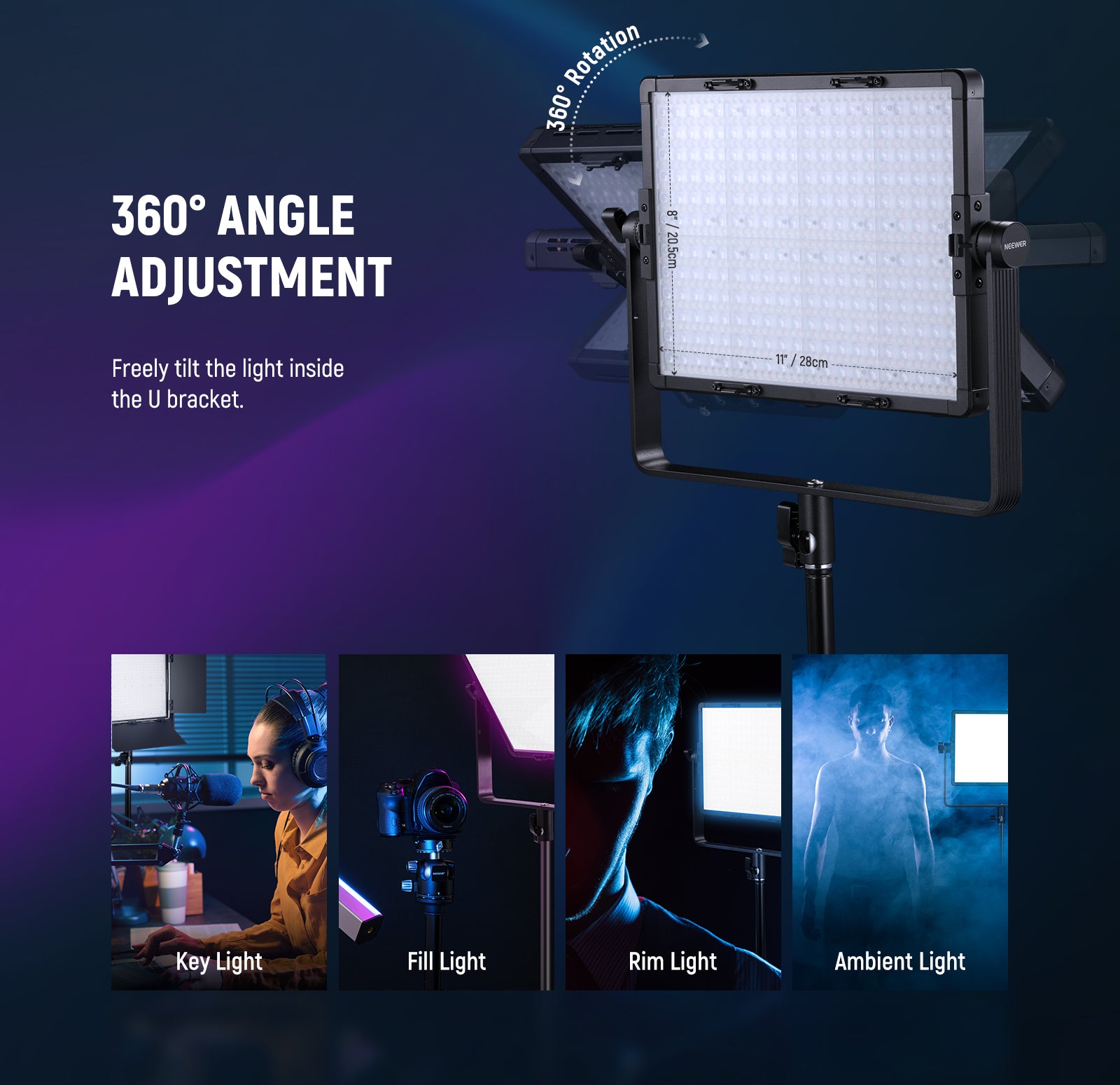 The NEEWER PL60C Professional RGB Light features 360° adjustable capabilities.