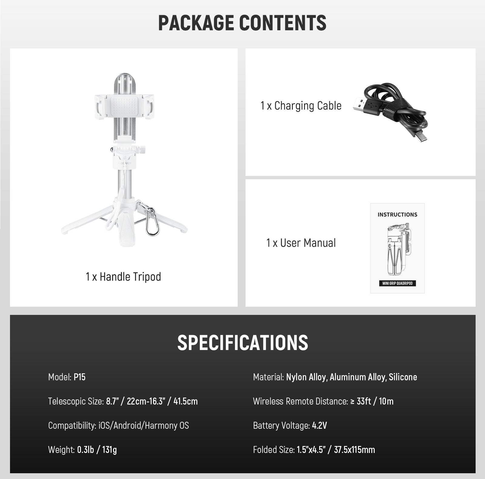 Package Contents of the NEEWER P15 3-in-1 Handheld Selfie Stick Tripod