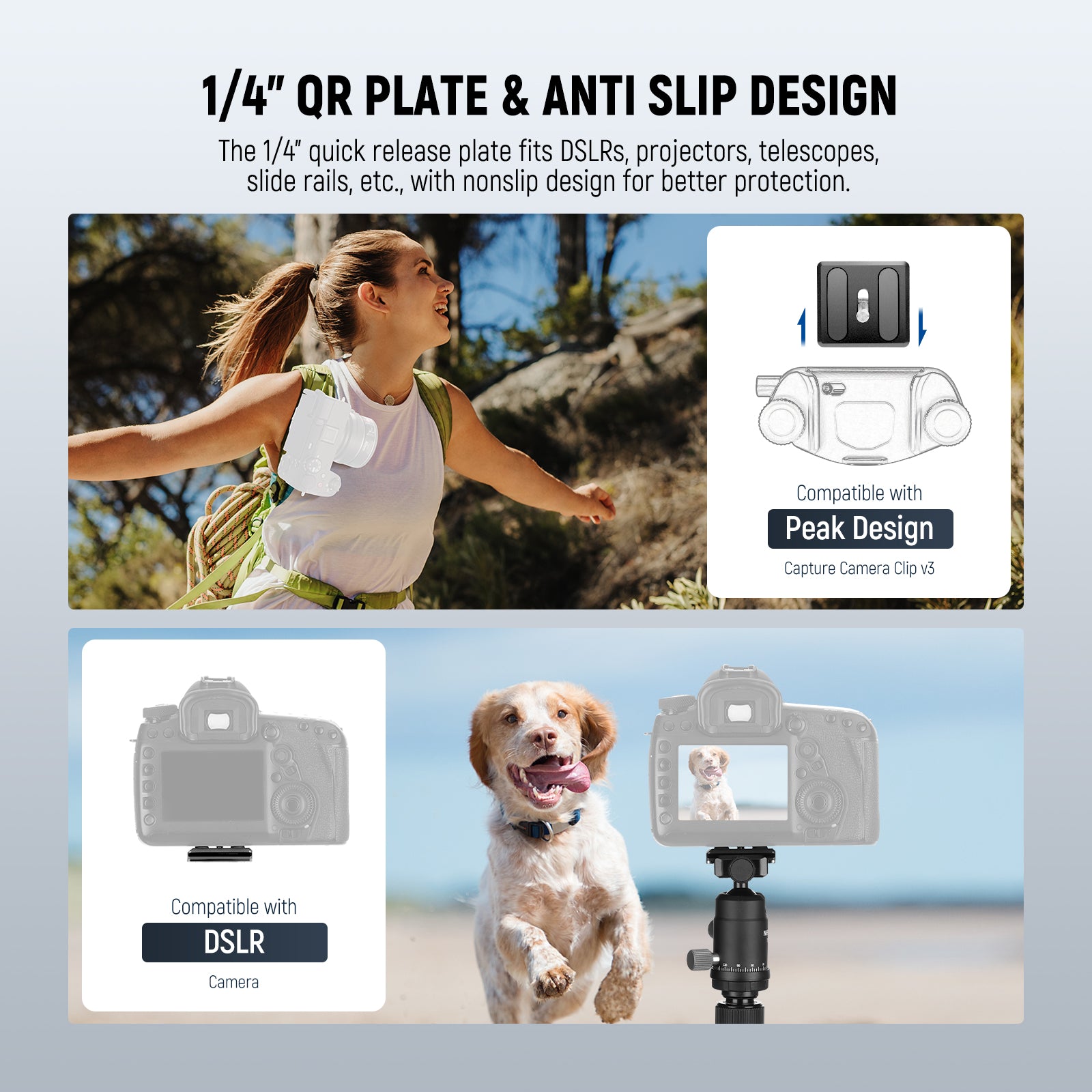 The professional tripod stand 1/4" mounting screw on the square quick release plate