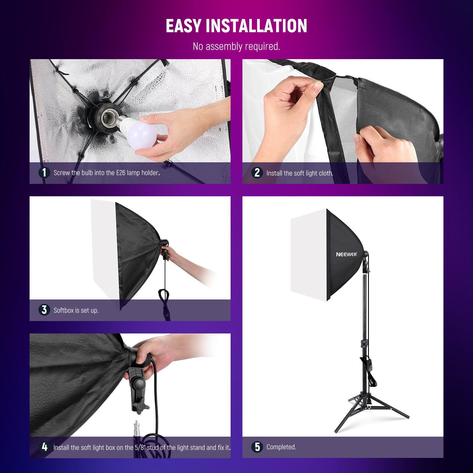 NEEWER NK004 RGB Softbox Lighting Kit is easy to install.