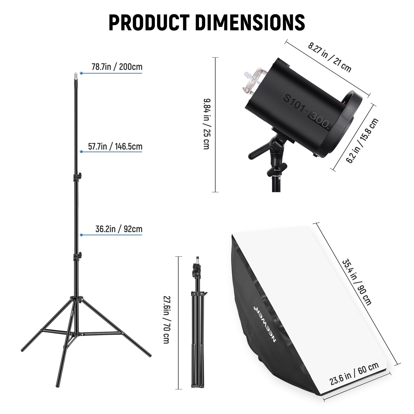 Product dimensions of the NEEWER 2 Pack S101-300W Studio Flash Light Kit