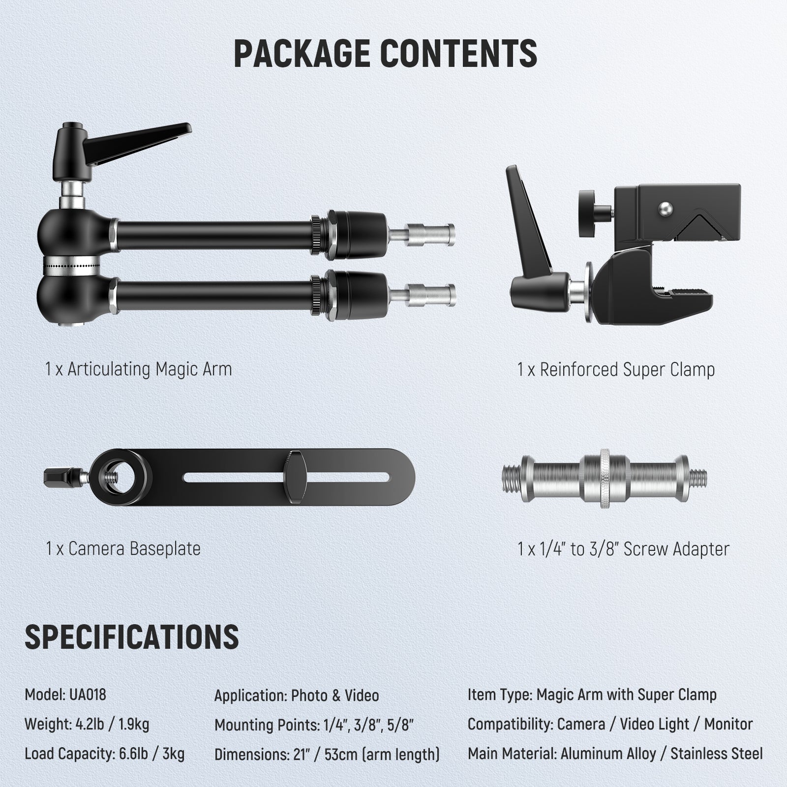 Package Contents of the NEEWER UA018 Magic Arm & Camera Baseplate Kit
