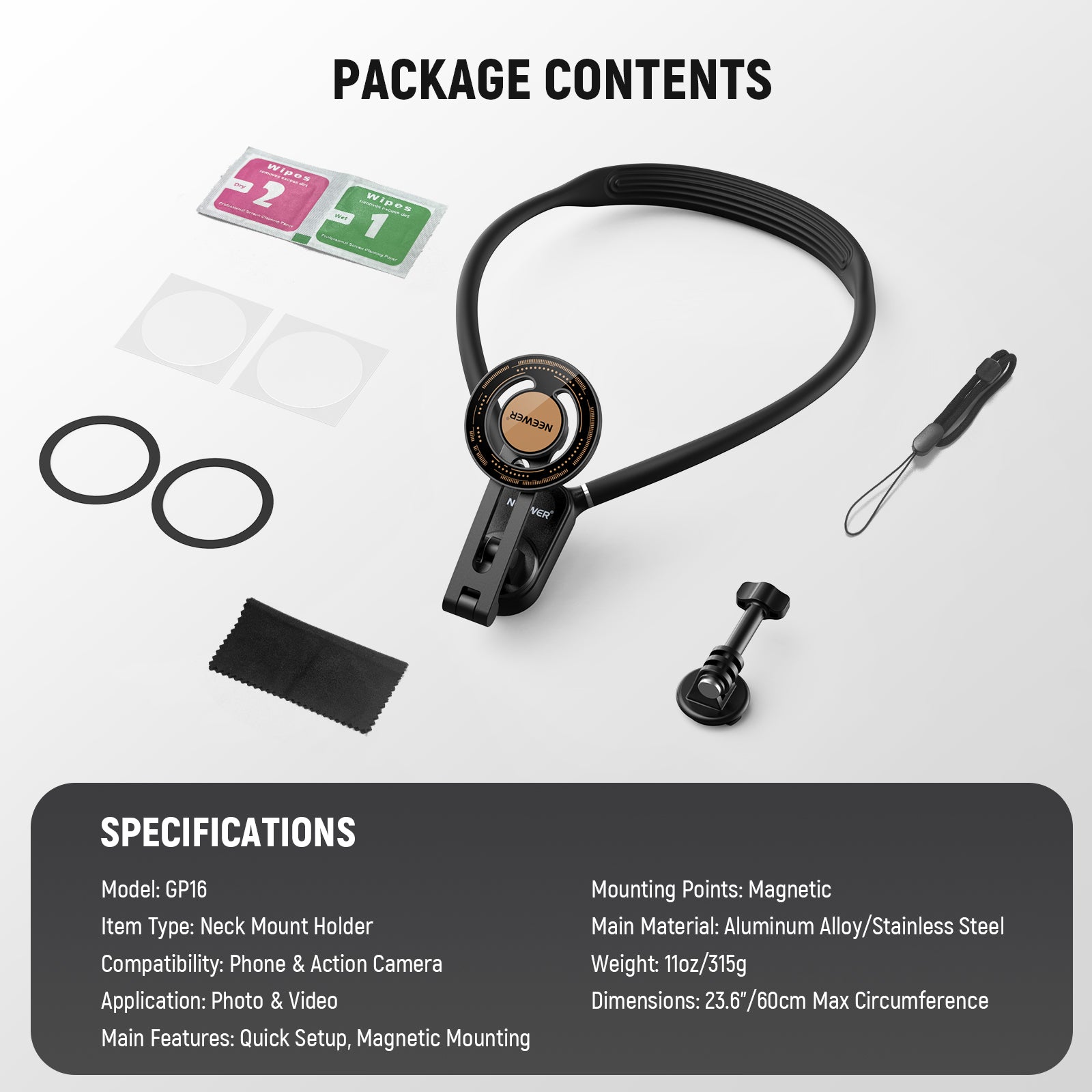 Package Contents of the NEEWER magnetic quick-release neck mount