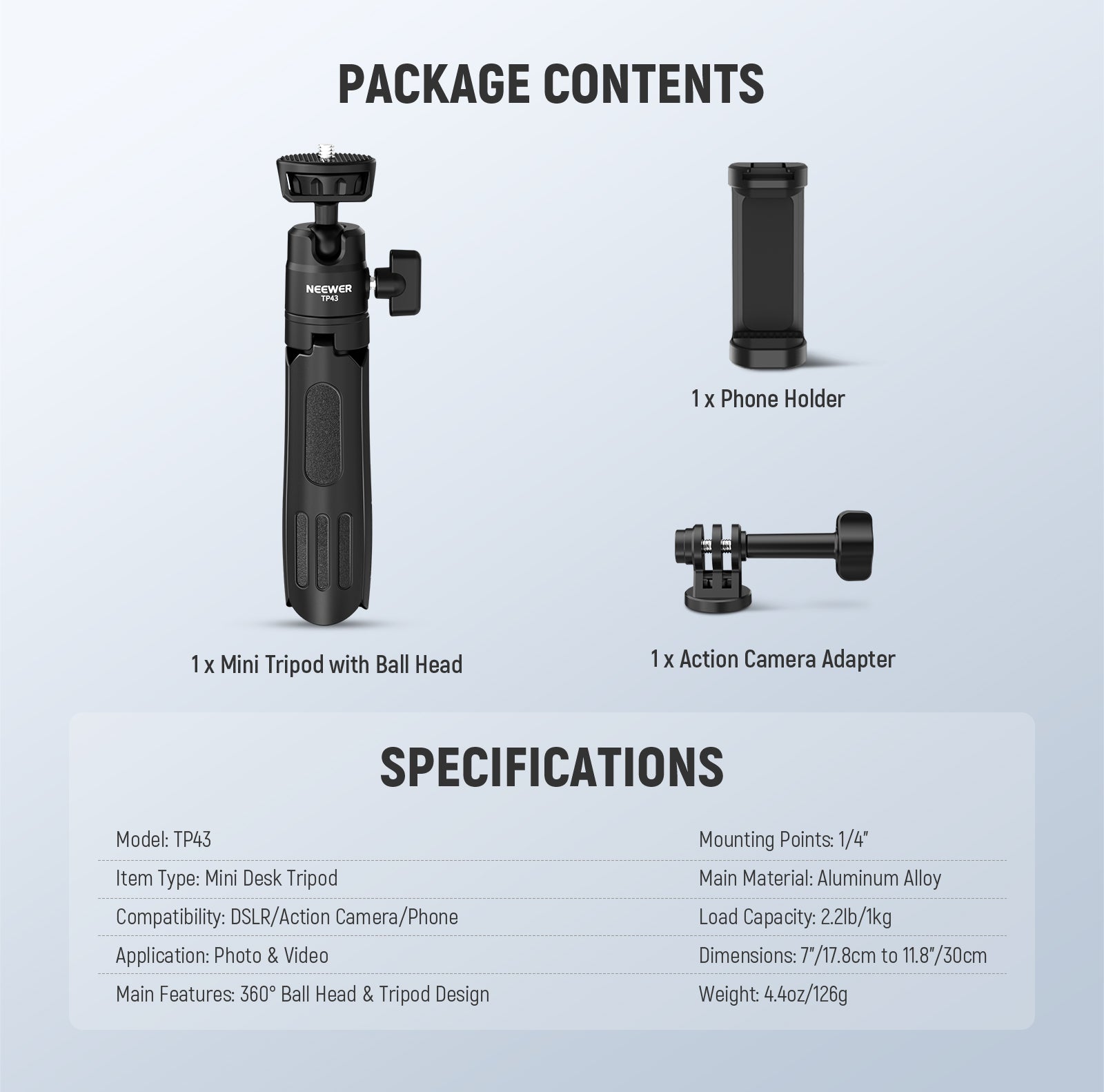 Package Contents of the NEEWER TP43 Mini Desktop Tripod Kit - Black