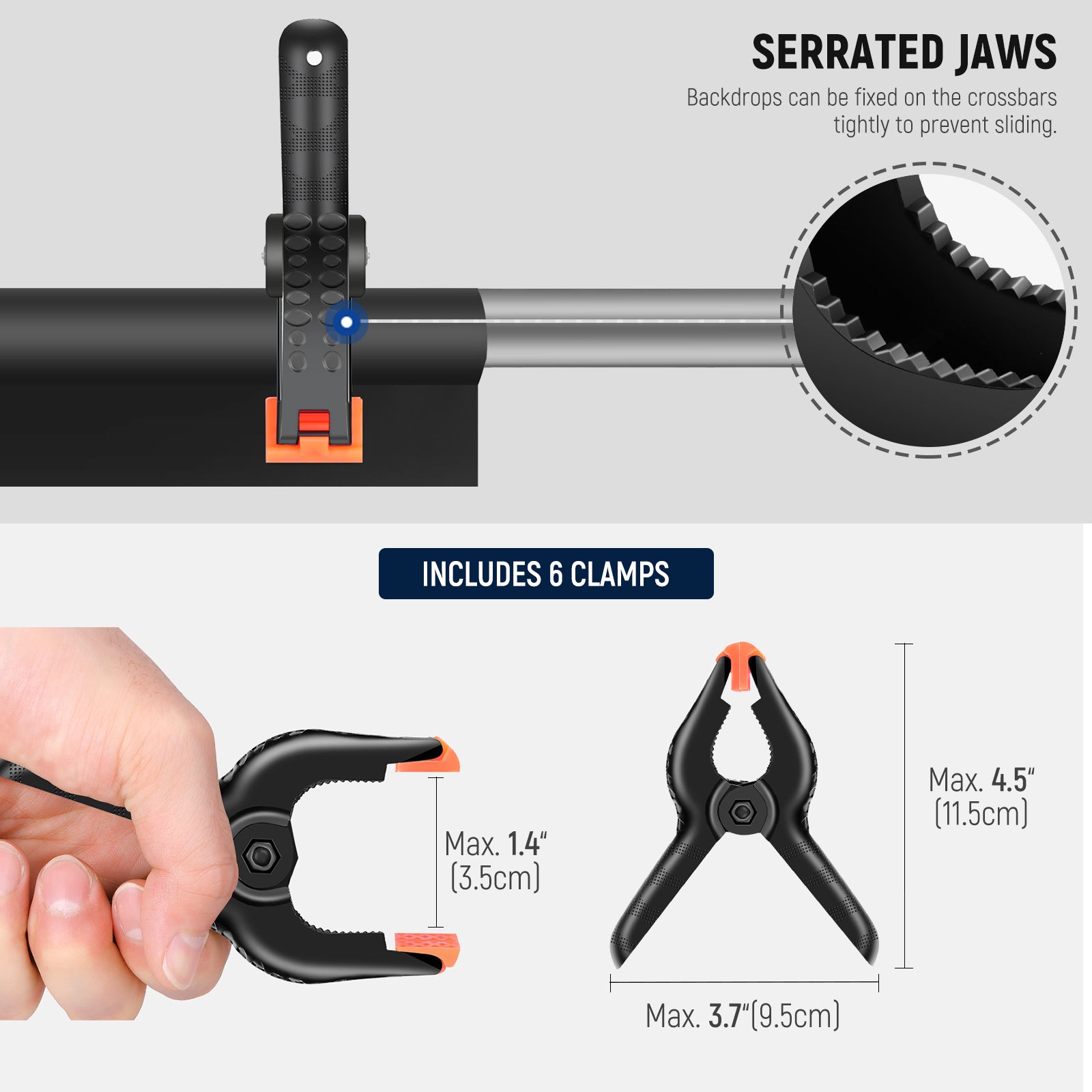 This versatile background kit includes 6 clamps.