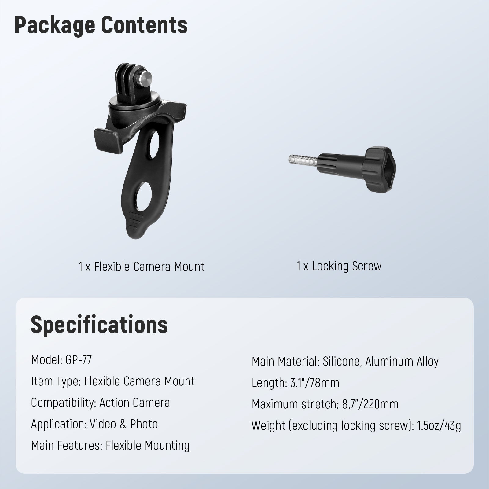 Specifications of the NEEWER GP-77 Camera Flexible Mount Wrap Band