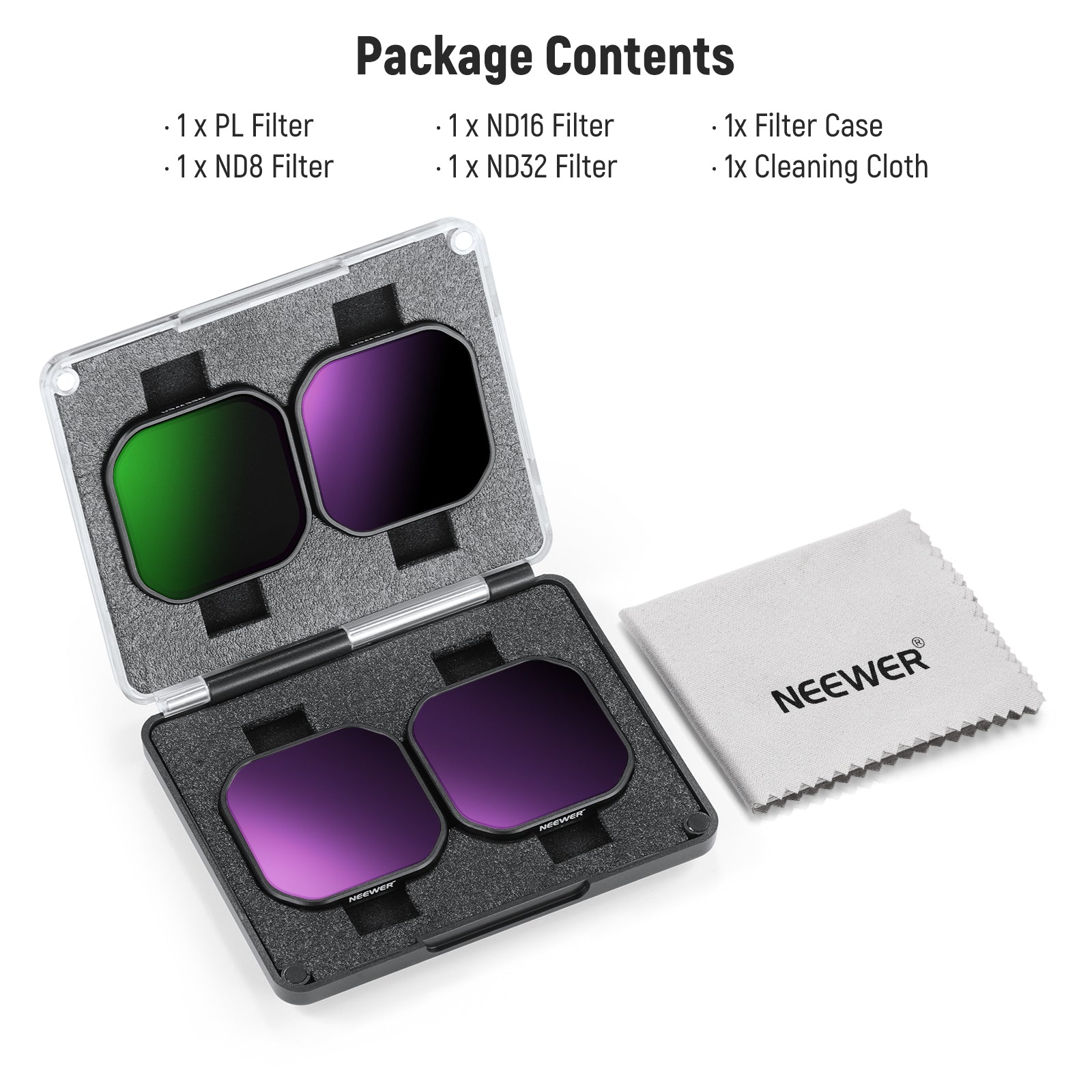 Package Contents of the NEEWER FL-A95 PL/ND8/ND16/ND32 Filter Set For Insta360 Ace Pro 2
