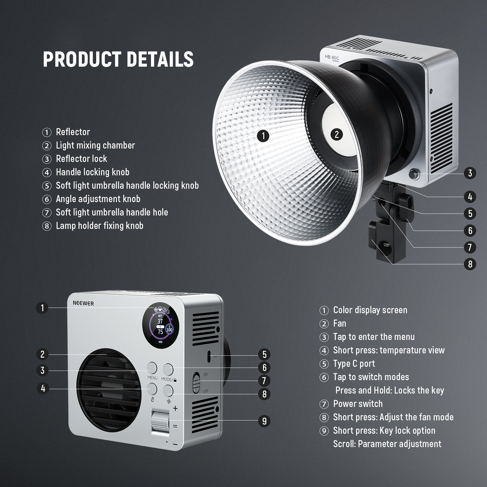 Product detail of the NEEWER HB80C 80W RGBWW Mini COB LED Video Light