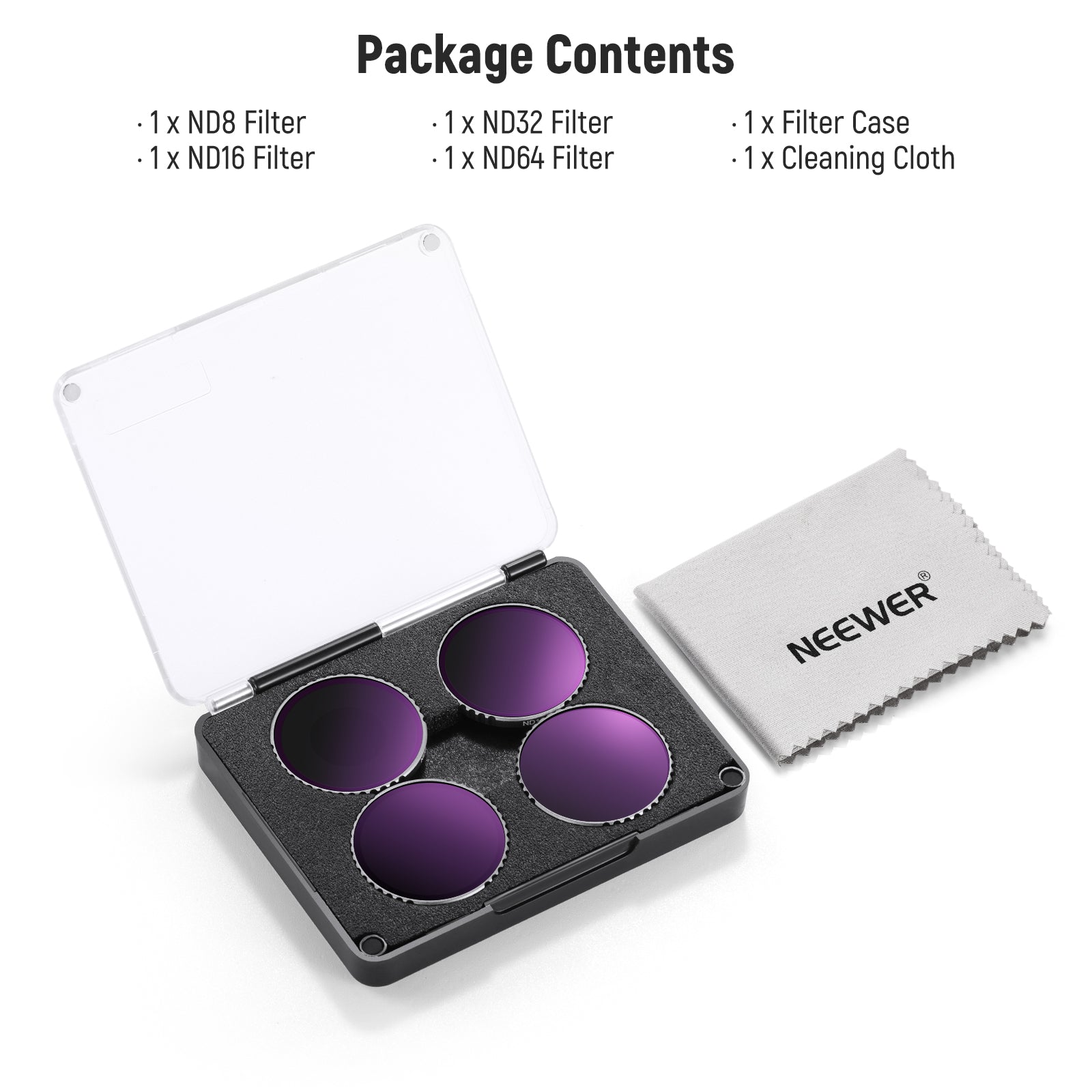 Package Contents of the NEEWER FL-B04 ND Filter Set for DJI Action 5 Pro/4