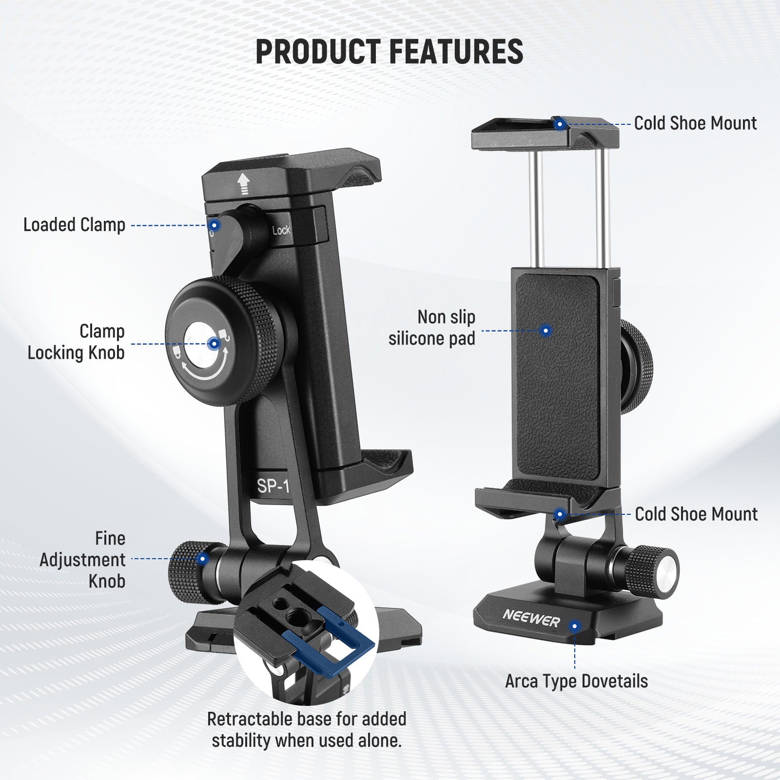 Product features of the NEEWER SP-18 Phone Tripod Mount Adapter with Cold Shoe