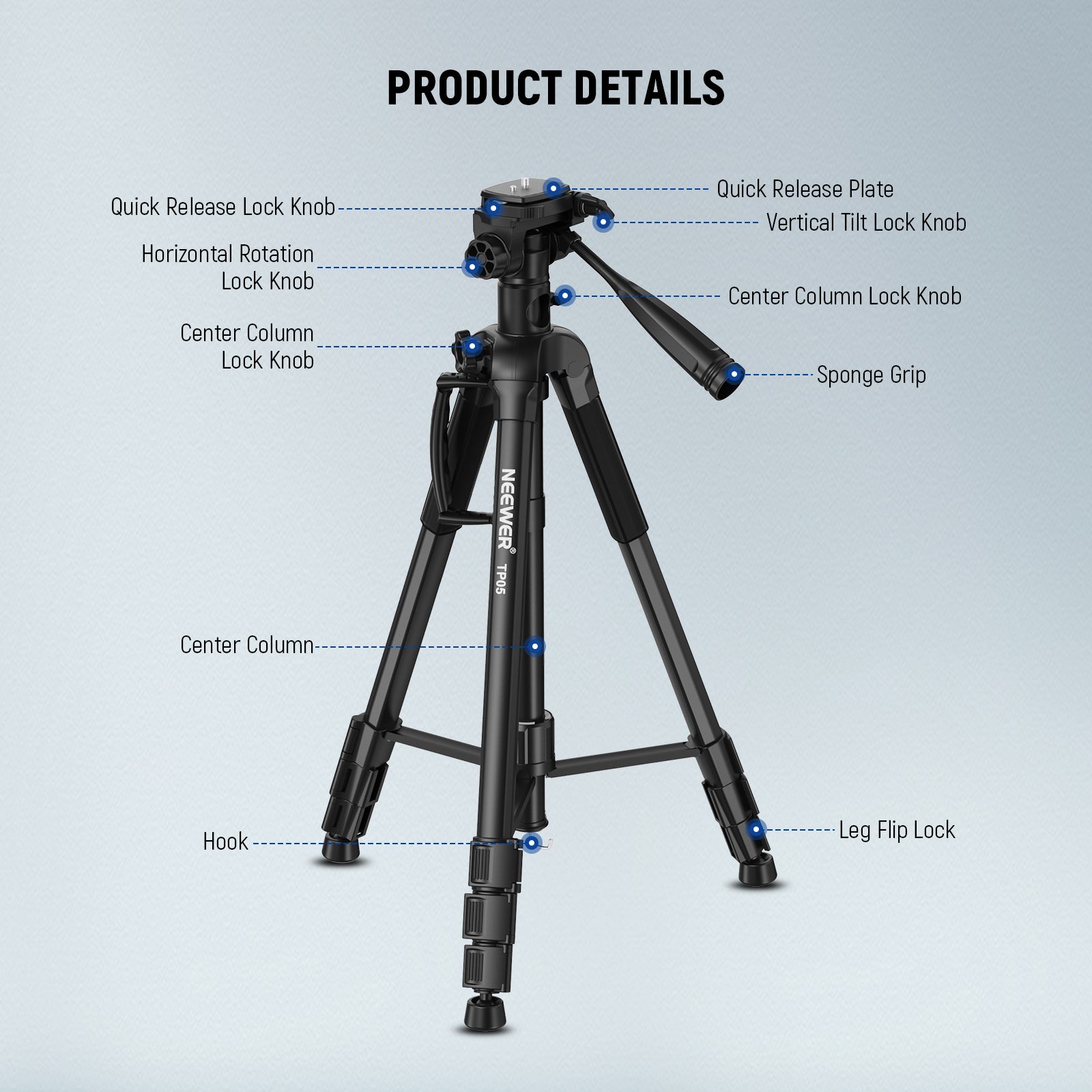 Product details of the NEEWER TP05 Video Tripod Monopod