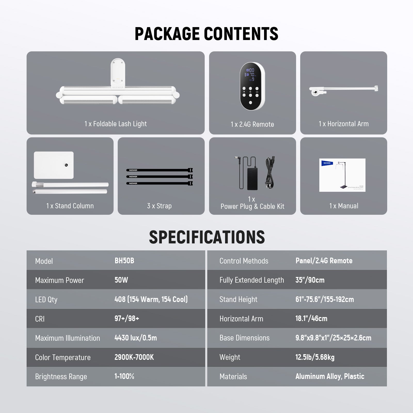 Package Contents of the NEEWER BH50B Foldable LED Eyelash Light