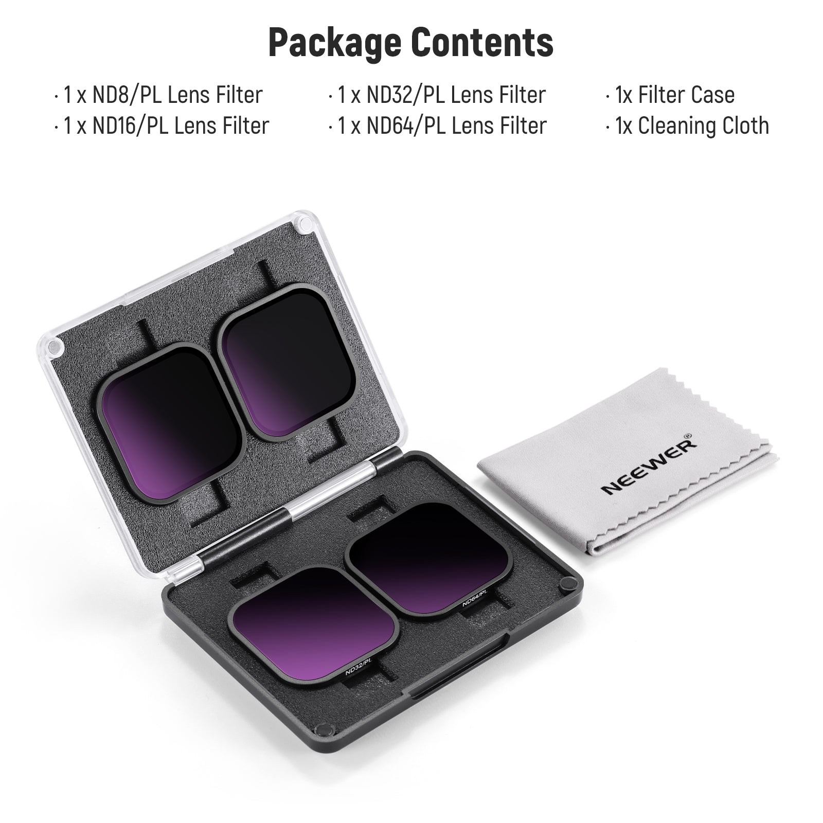 Package Contents of the NEEWER FL-85 4 Pack ND/PL Filter Set For Insta360 ACE PRO