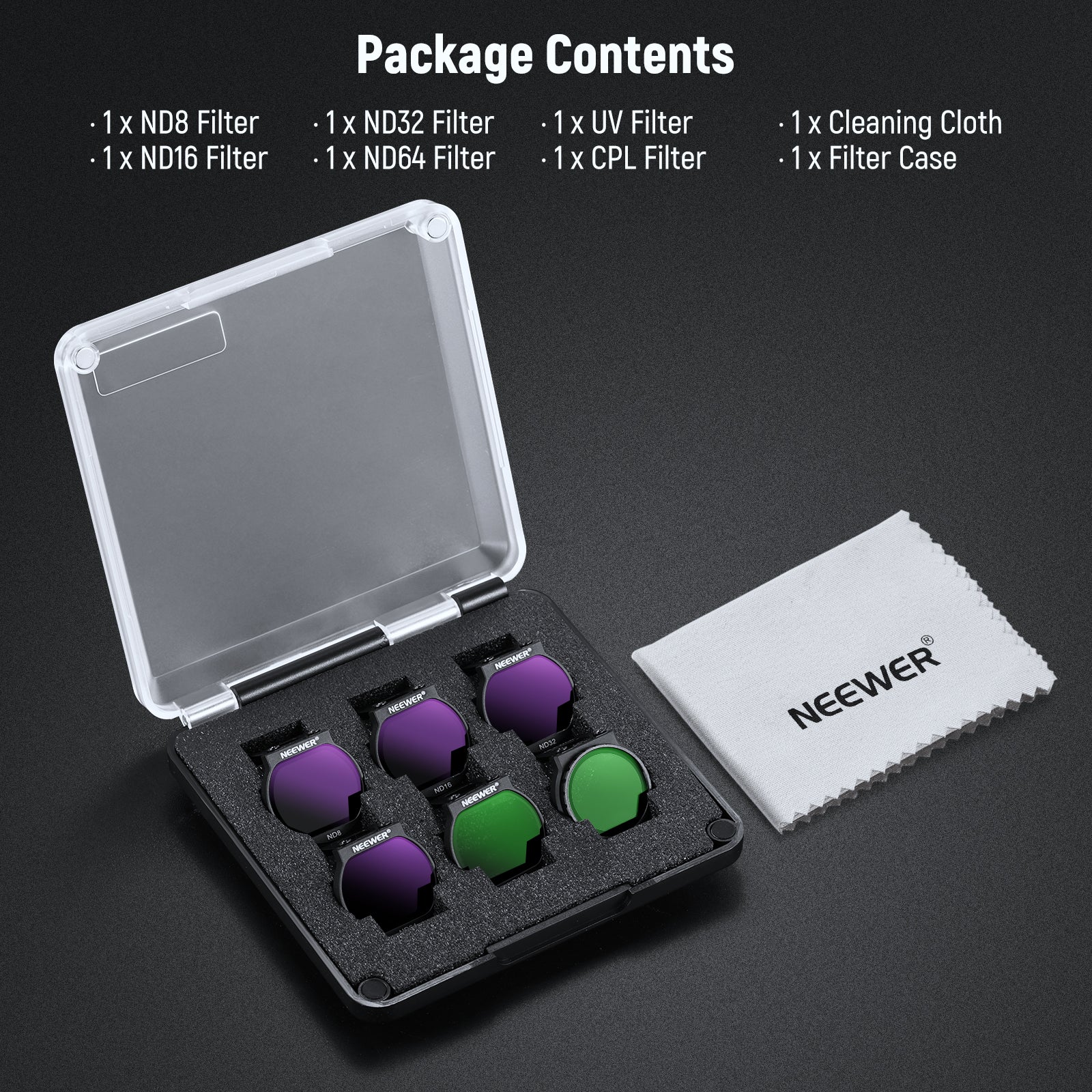 Package Contents of the NEEWER 4 Pack ND Filter+CPL+UV Filter Set for DJI NEO Drone