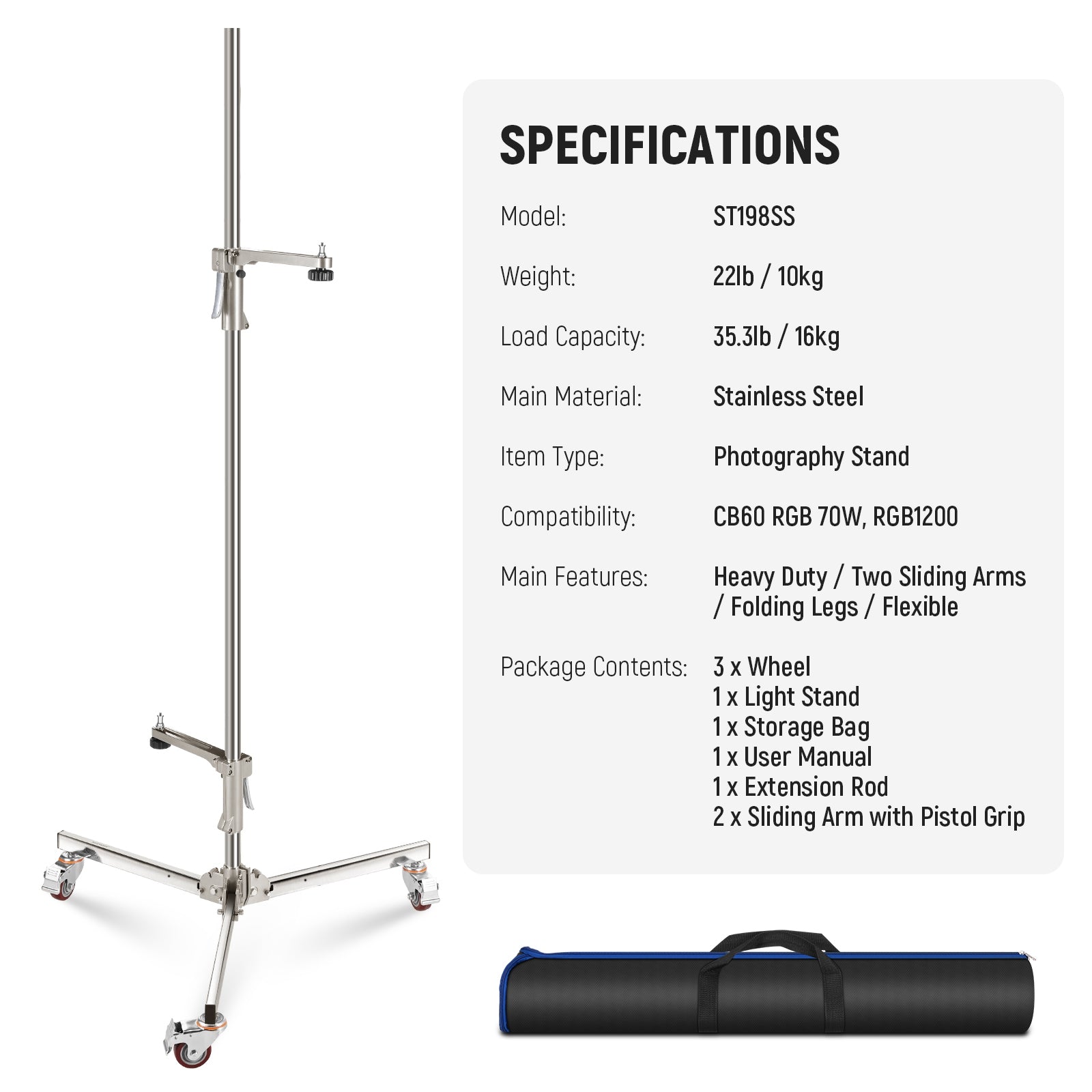 Specifications of the NEEWER ST198SS Light Stand with Wheels