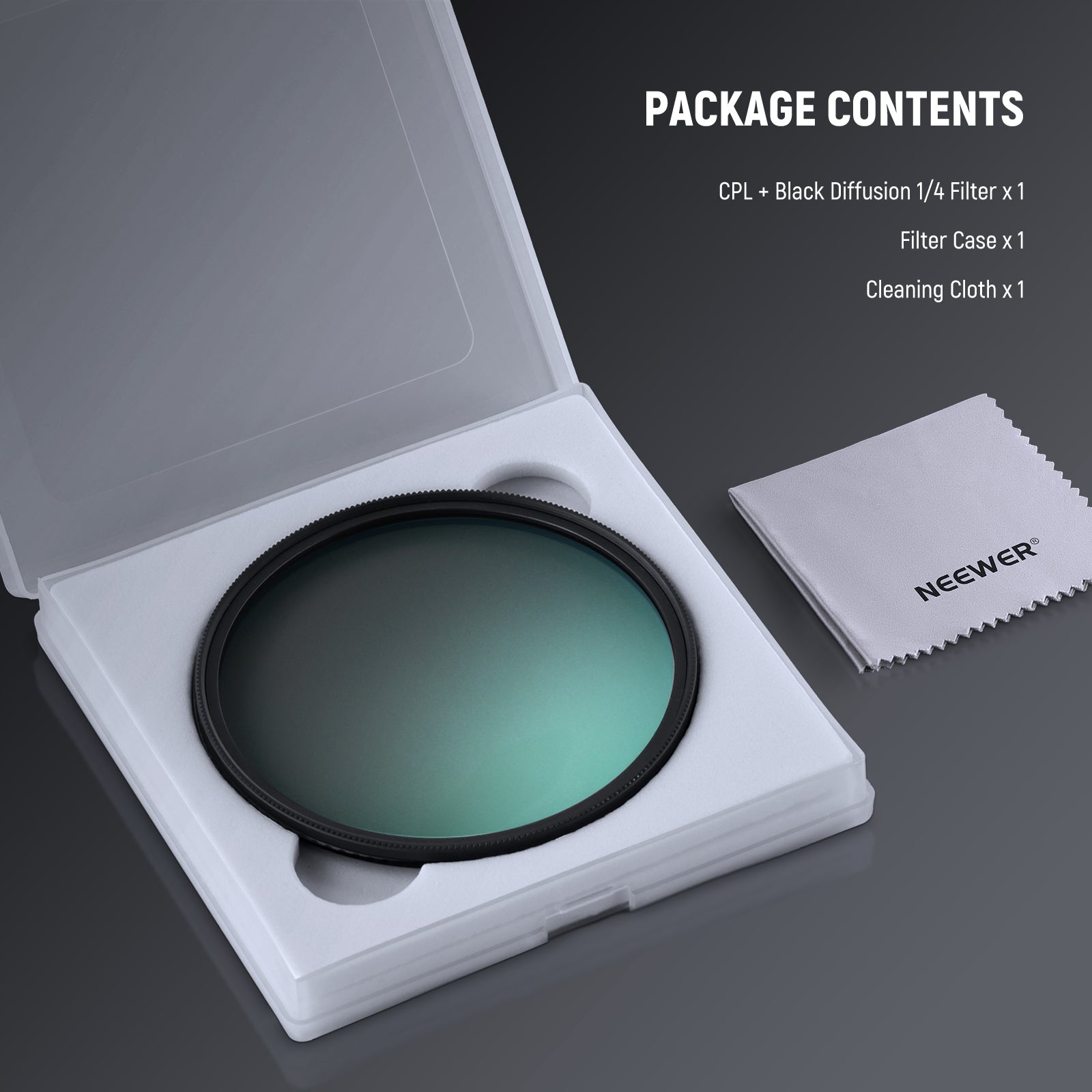 Package Contents of the NEEWER 2 in 1 CPL + Black Diffusion 1/4 Filter Kit
