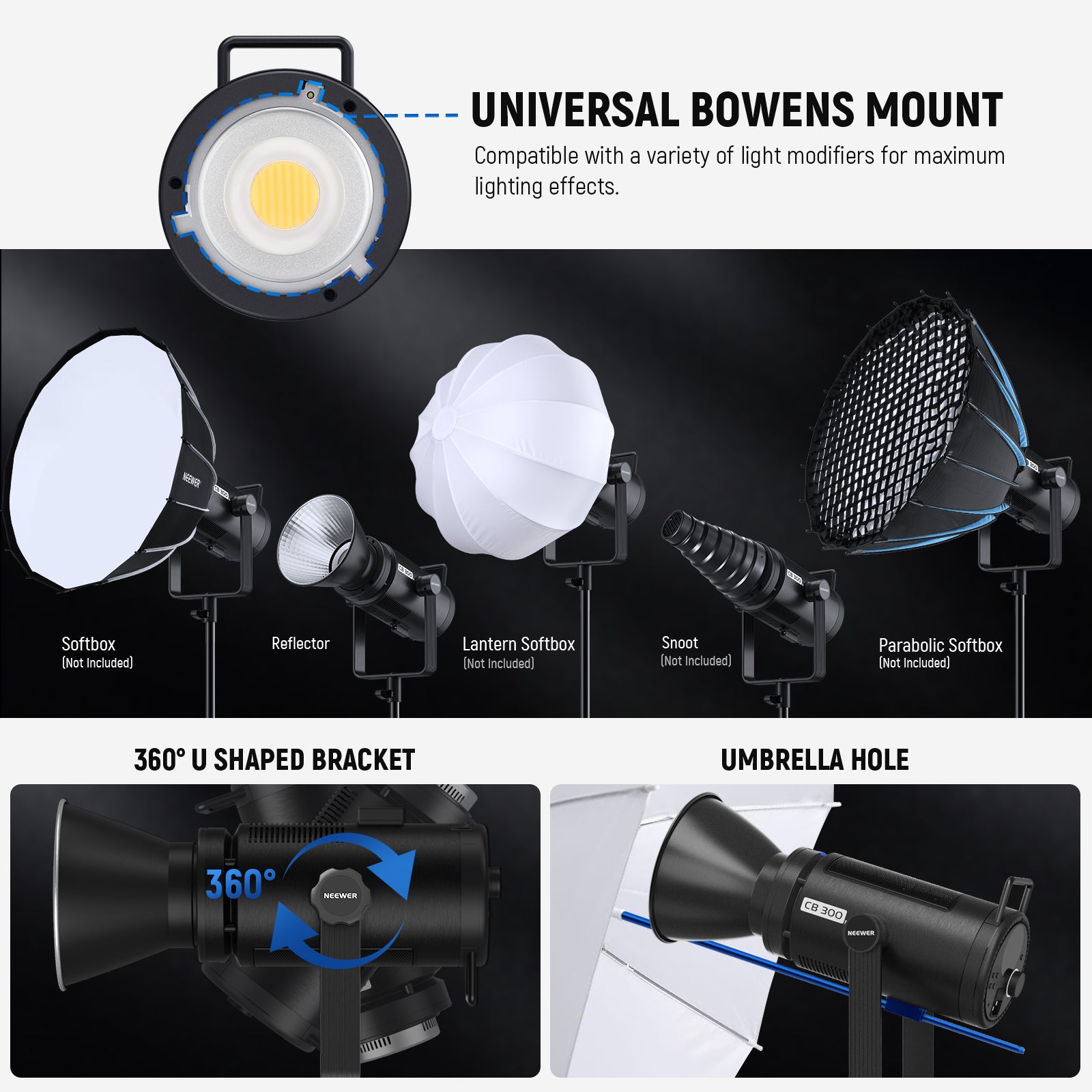 The Bowens mount can work with most softboxes, beauty dishes, and snoots.