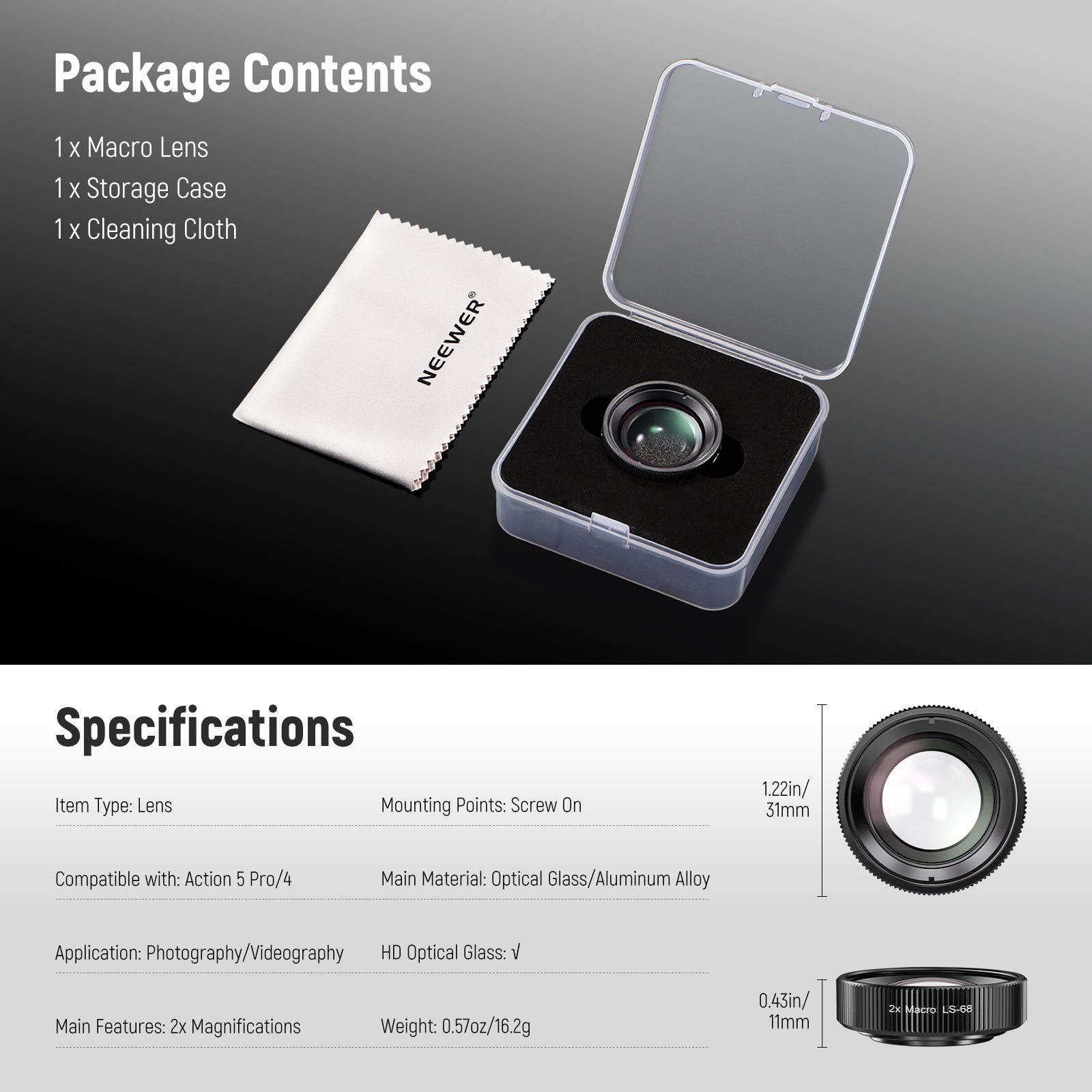 Specifications of the NEEWER LS-68 2X Macro Lens