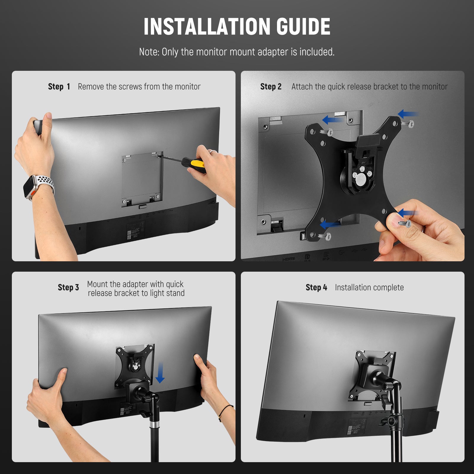 Installation guide of the NEEWER MA010 Monitor Mount Adapter