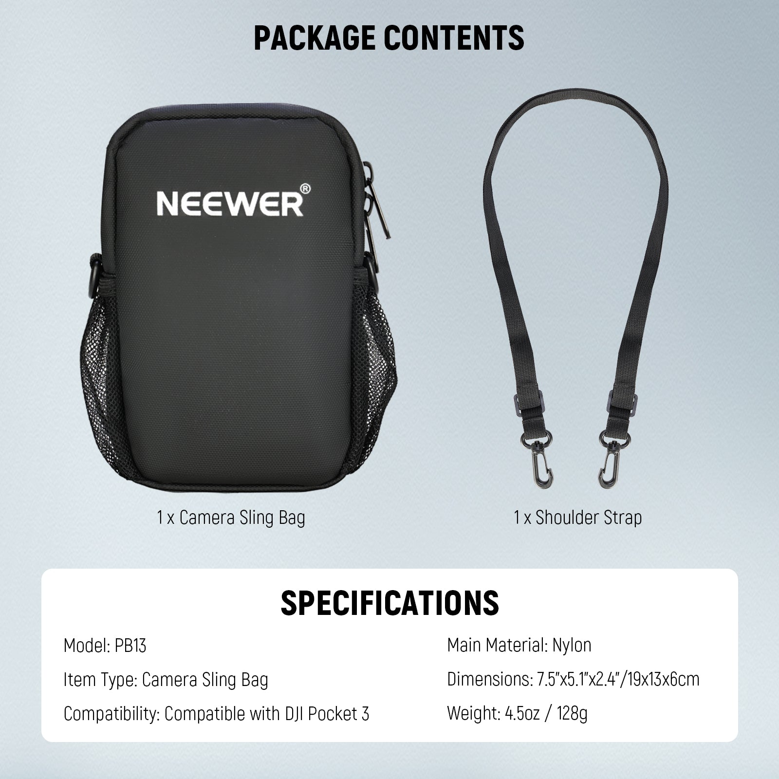 Package Contents of the NEEWER PB13 Camera Sling Bag For DJI Osmo Pocket 3