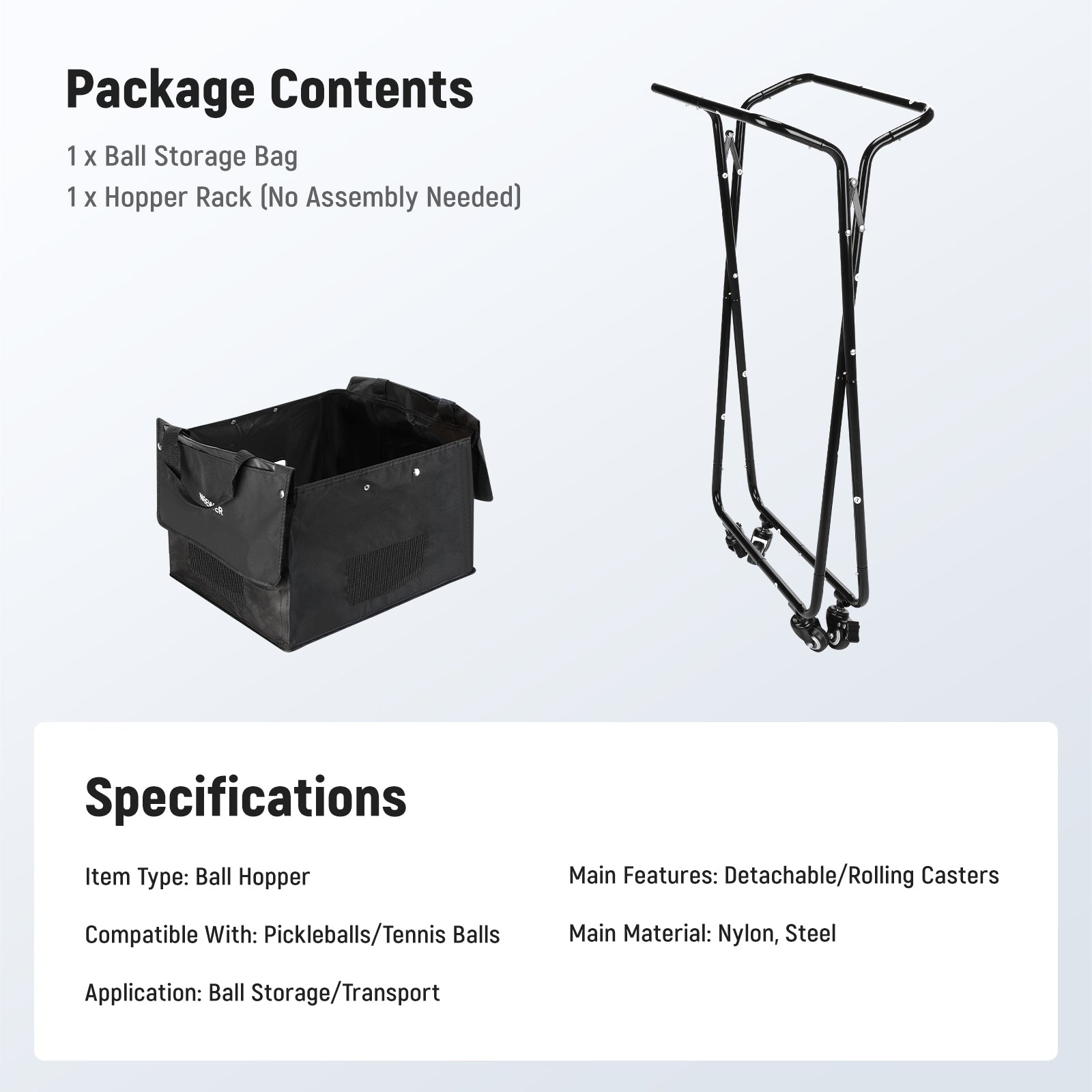 This package includes a ball storage bag and a hopper rack.