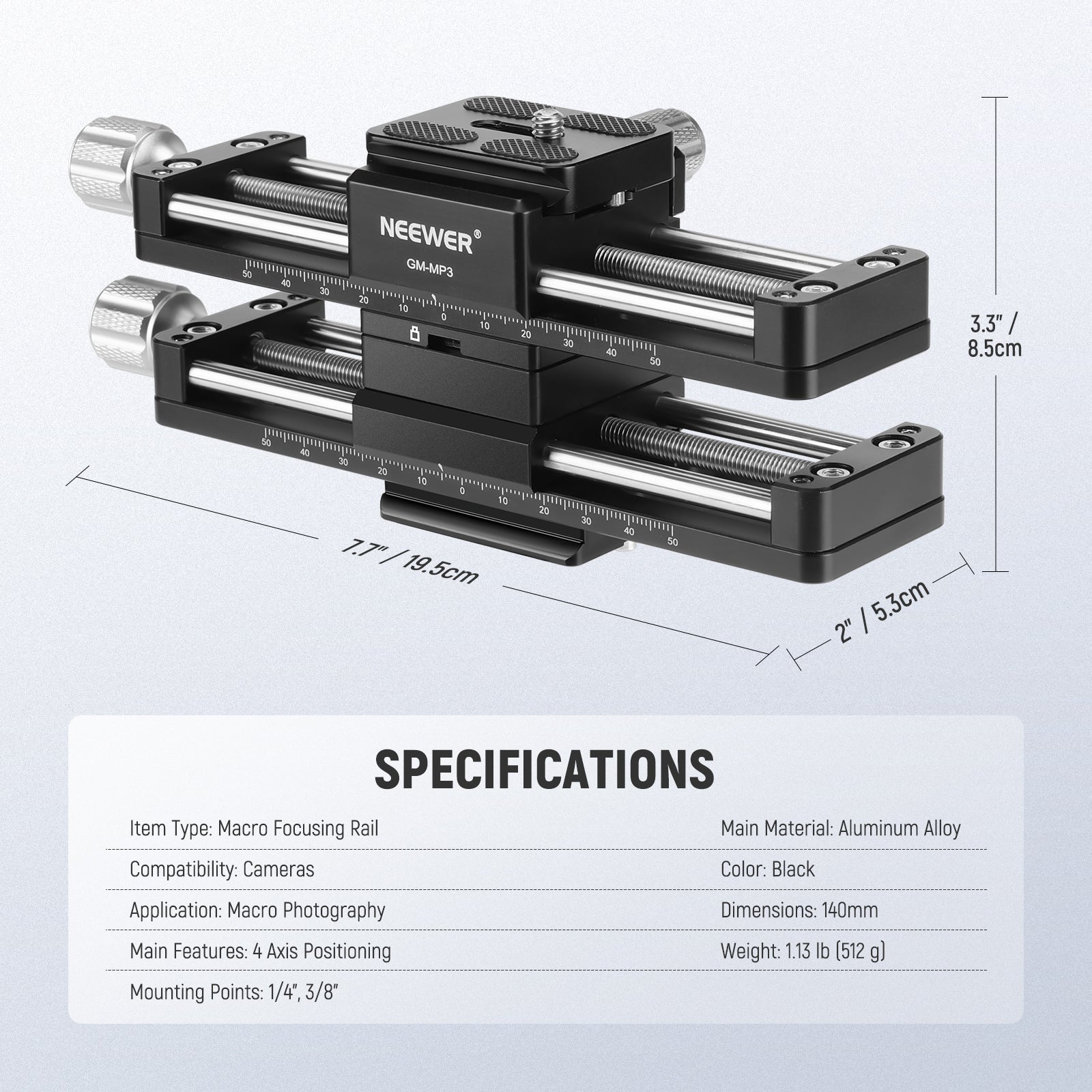 Specifications of the NEEWER GM-MP3 4 Axis Macro Focusing Rail