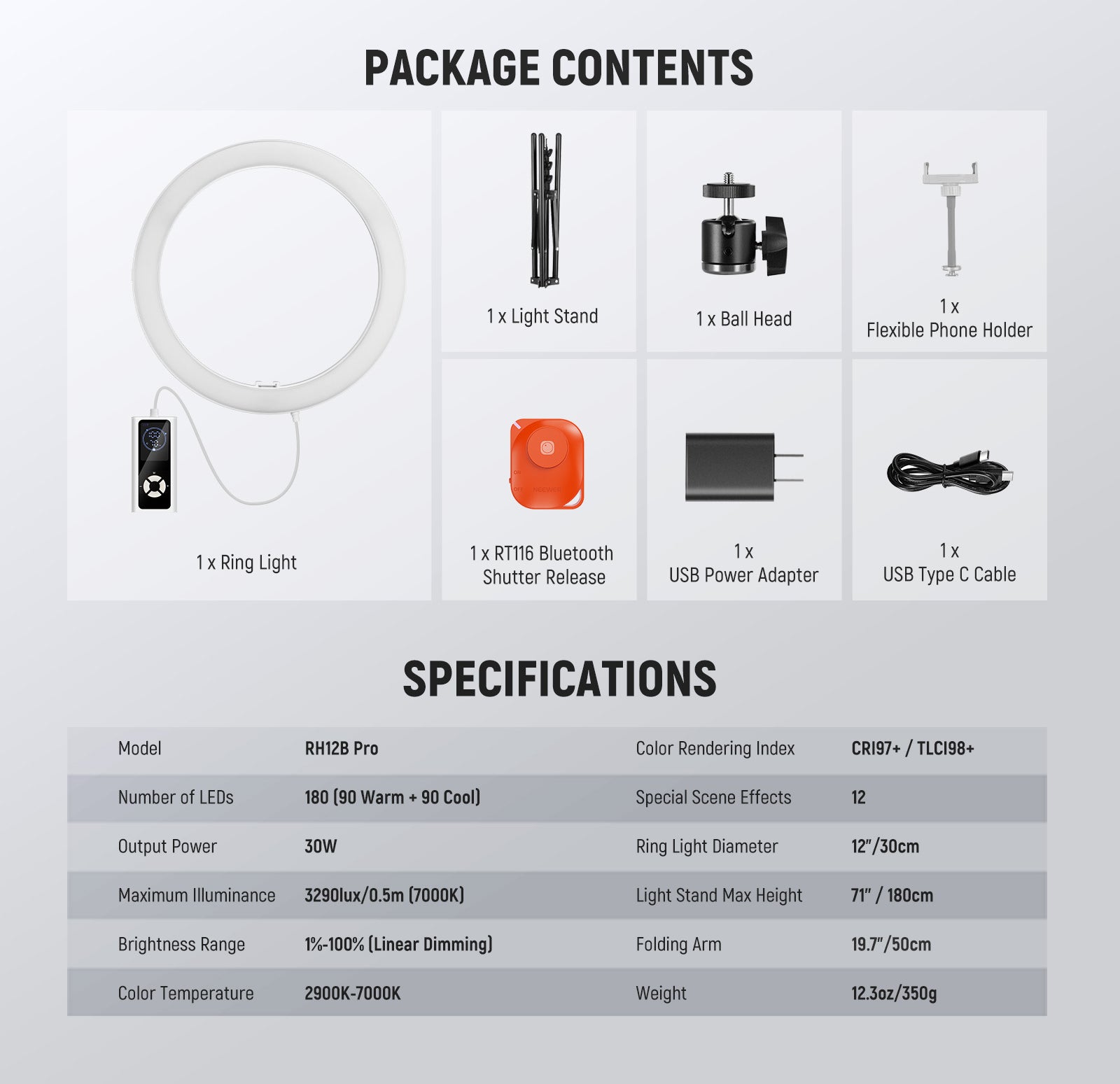 Package Contents of the NEEWER RH12B Pro High Power LED Ring Light
