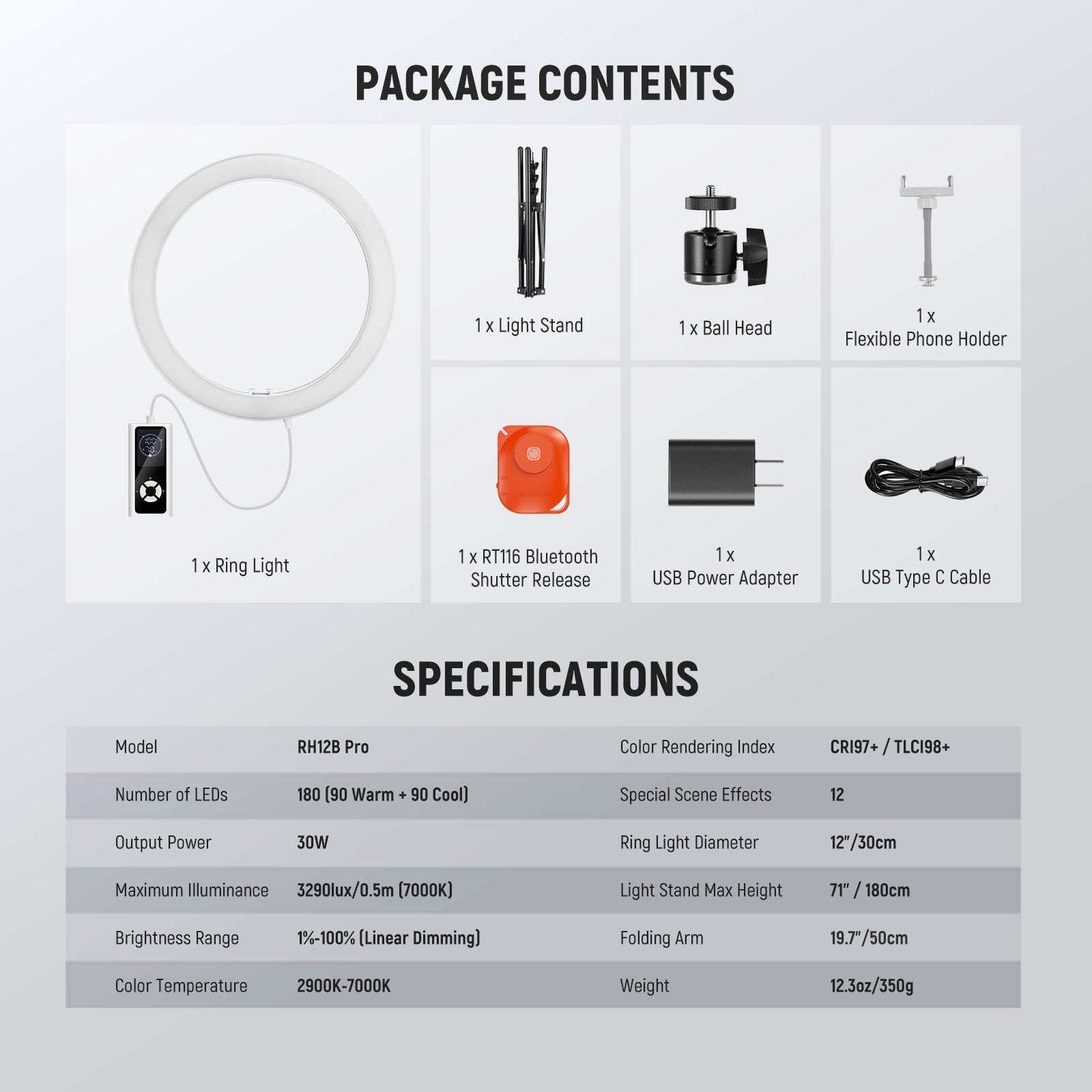 Package Contents of the NEEWER RH12B Pro High Power LED Ring Light