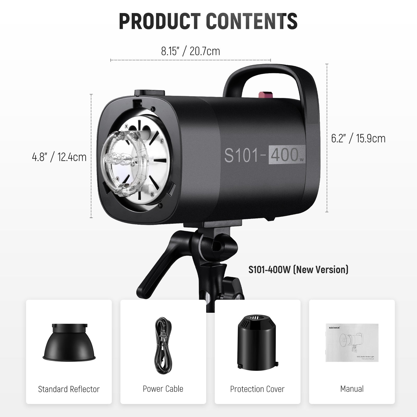 Package Contents of the NEEWER 2 Pack S101-400W Studio Speedlight Kit