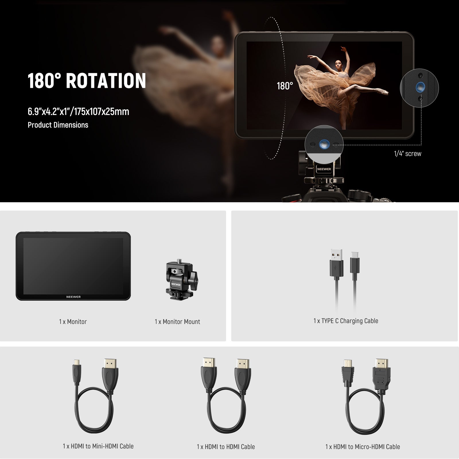 Package Contents of the NEEWER F700 7" Touch Screen Field Monitor Kit