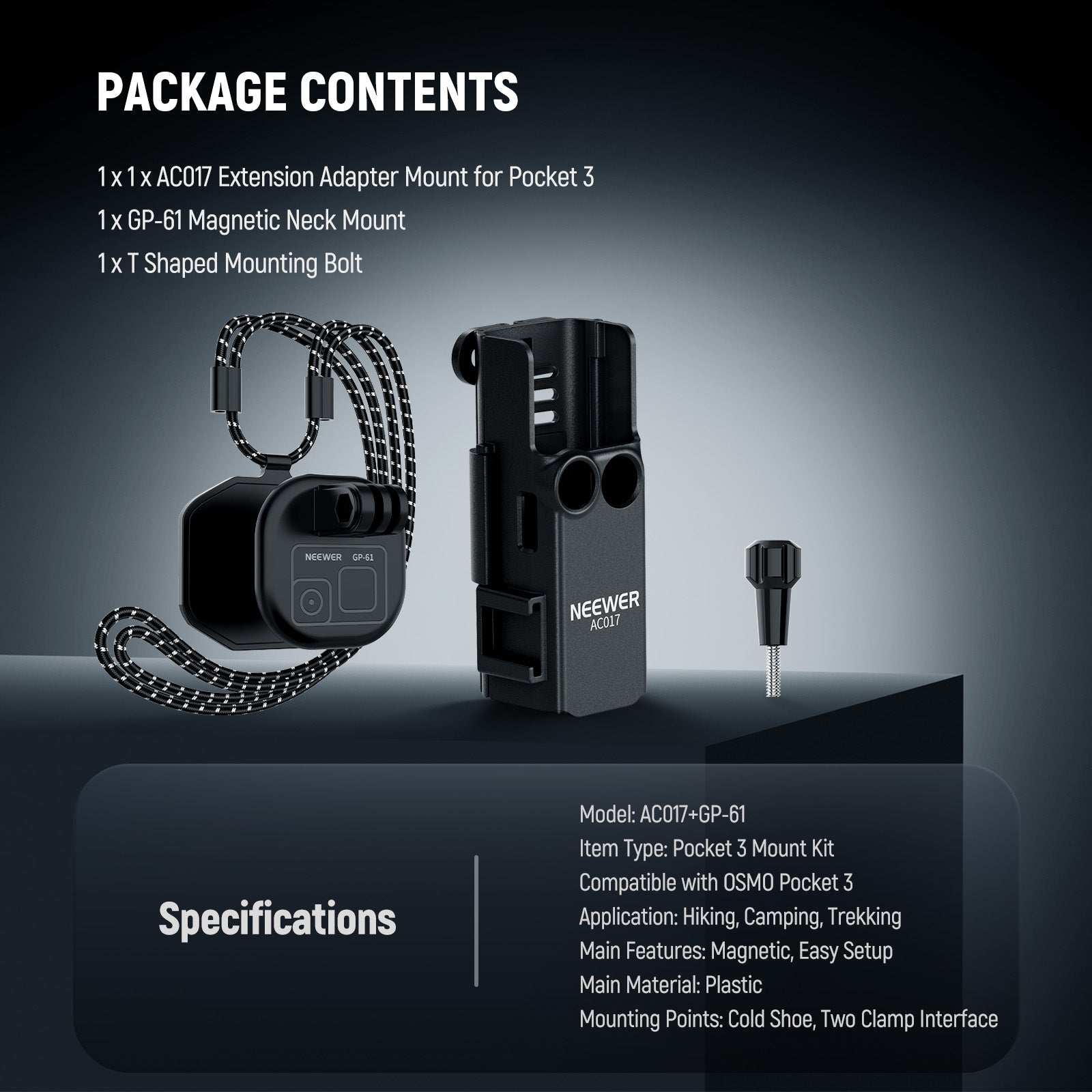 Package Contents of the NEEWER AC017+GP-61 Extension Adapter Bracket For Pocket 3