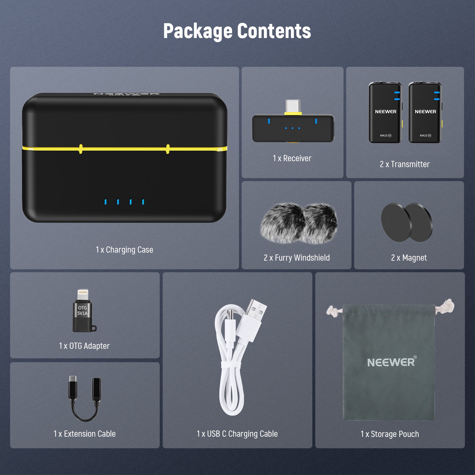 Package Contents of the NEEWER KM15 USB C Wireless Lavalier Microphone Set