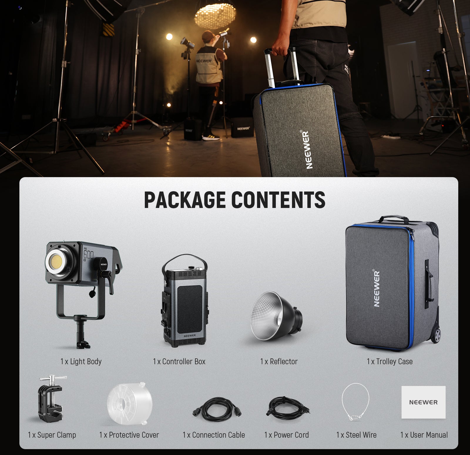 Package Contents of the NEEWER AS600B COB LED Continuous Light