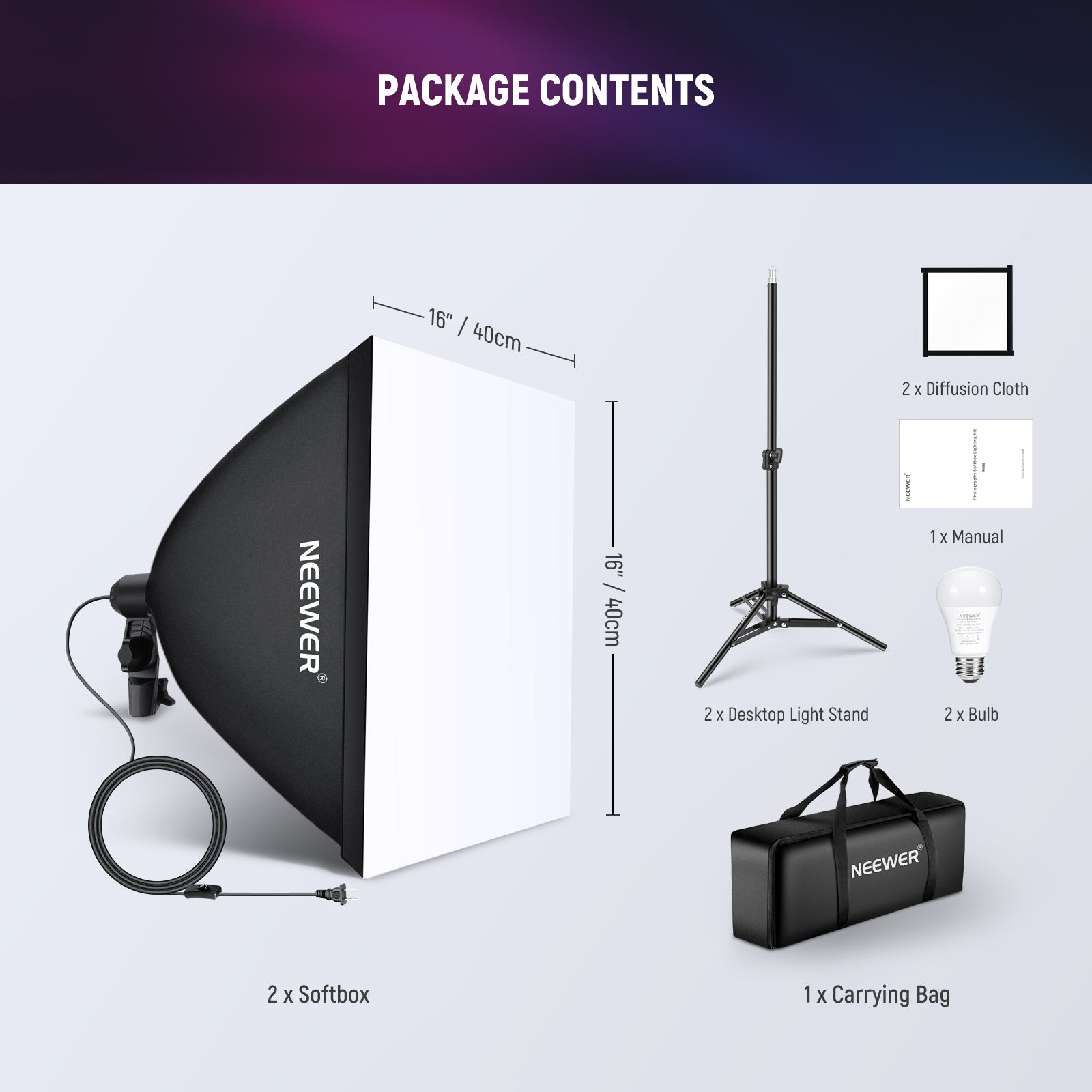 Package Contents of the NEEWER NK004 RGB Softbox Lighting Kit