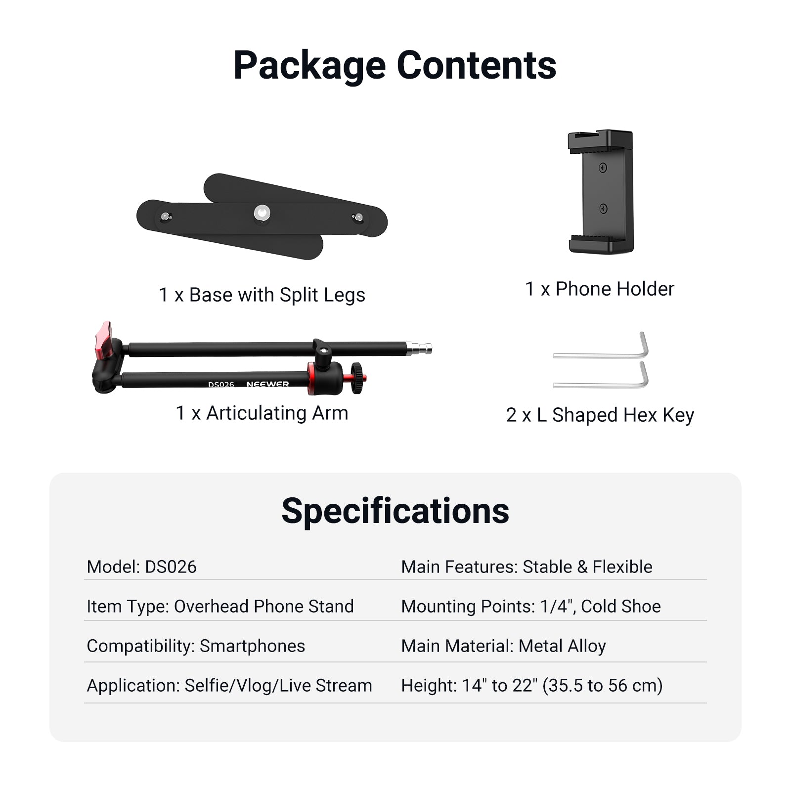 This package includes a base with split legs, a phone holder, an articulating arm, and two L-shaped hex keys.
