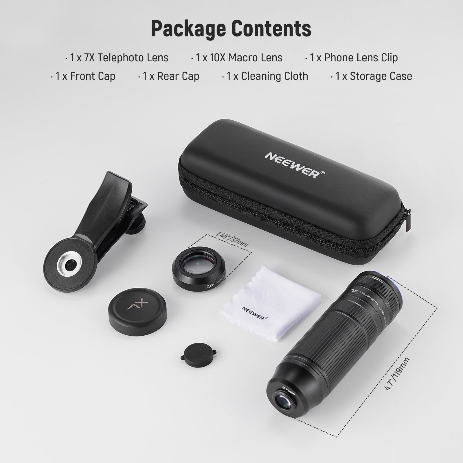 Package Contents of the NEEWER LS-36 7X Telephoto Lens Kit